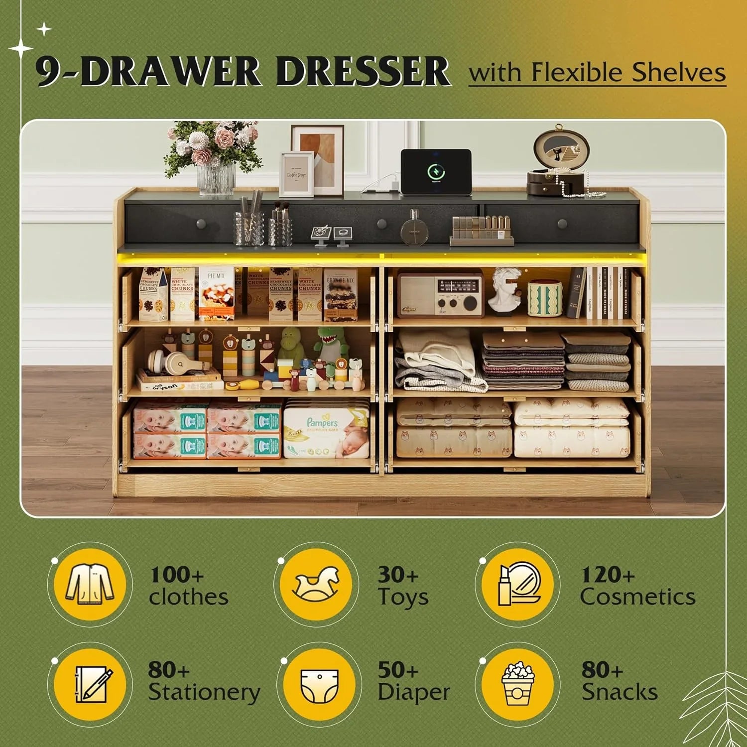 Commode LED à 9 tiroirs pour chambre à coucher, 148 cm de large, organiseur de rangement en bois avec prise électrique