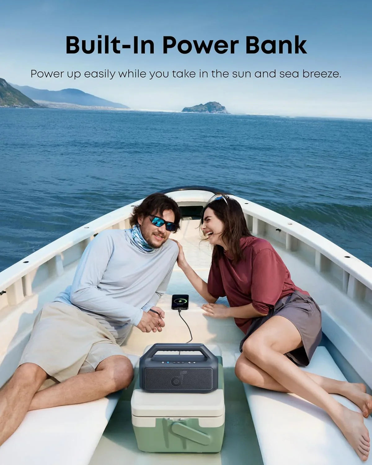 Enceinte d'extérieur, 80 W, caisson de basses, BassUp 2.0, autonomie de 24 heures, étanchéité IPX7, flotte, lumières RVB, USB-C