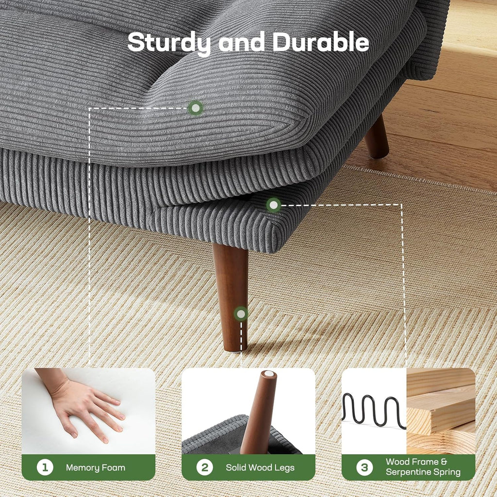 Canapé-lit futon, canapé futon avec dossier et accoudoirs réglables, convertible en petit canapé-lit causeuse en velours côtelé vert