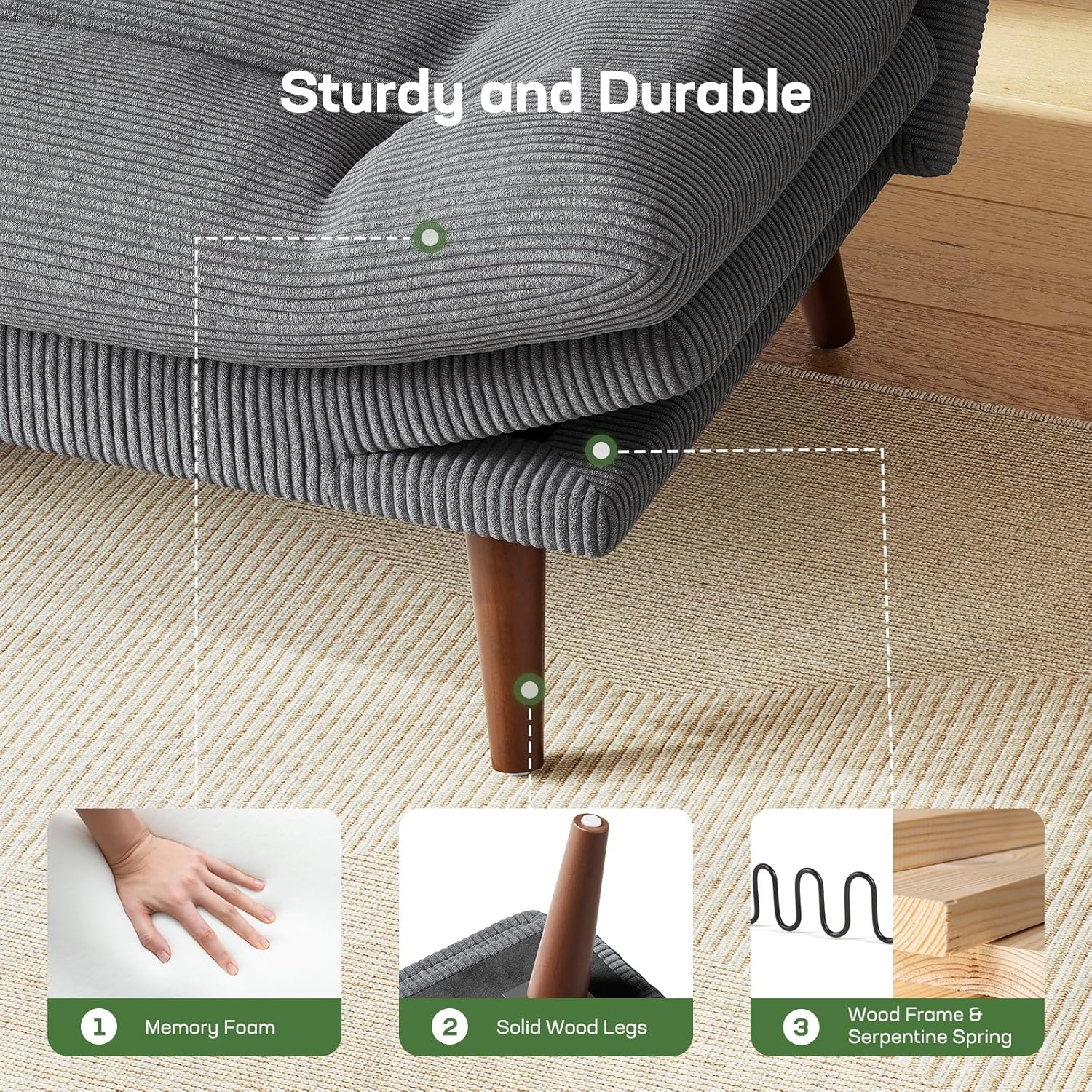 Canapé-lit futon, canapé futon avec dossier et accoudoirs réglables, convertible en petit canapé-lit causeuse en velours côtelé vert