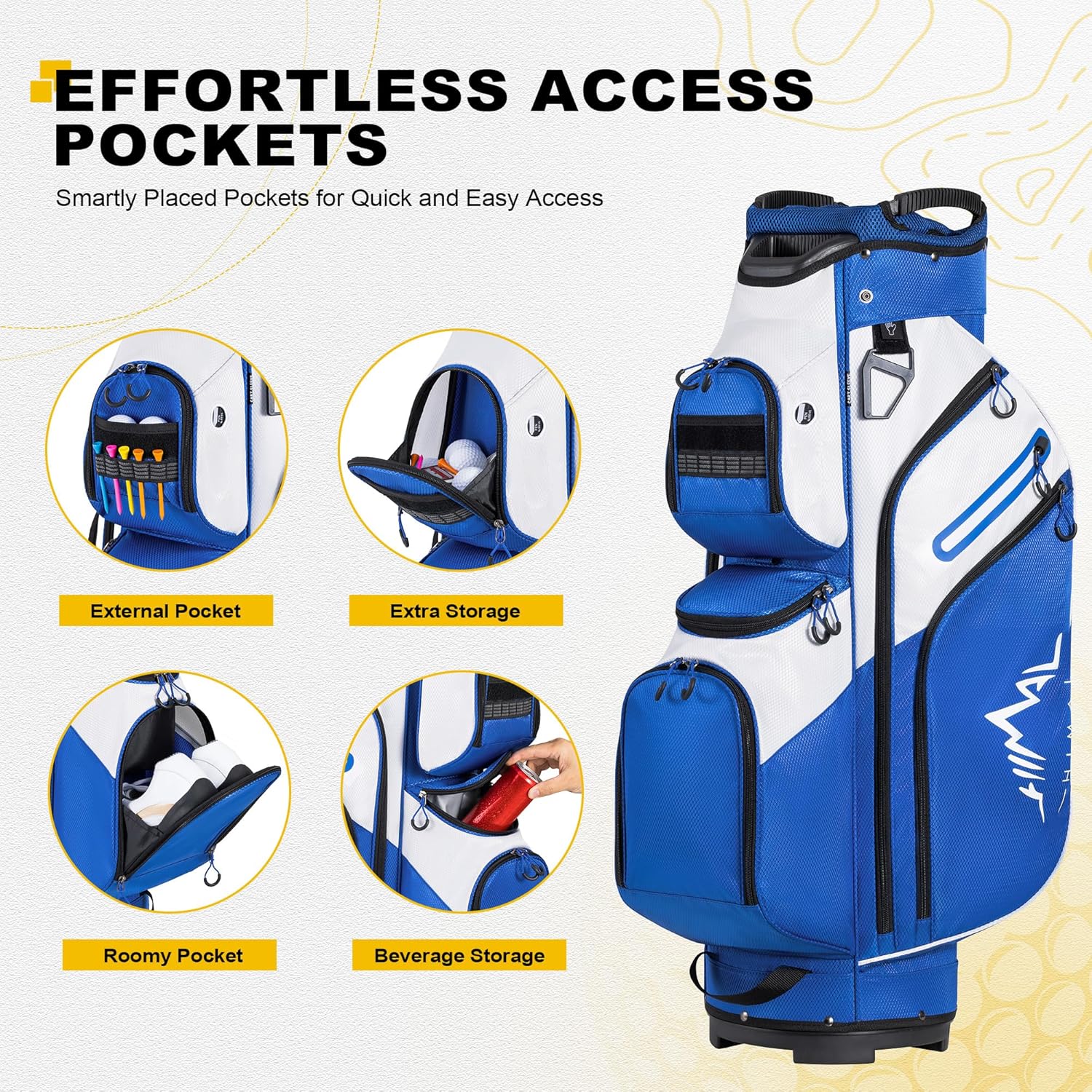 Sac de chariot de golf, organiseur à 15 compartiments, compartiment supérieur avec poignées et housse de pluie