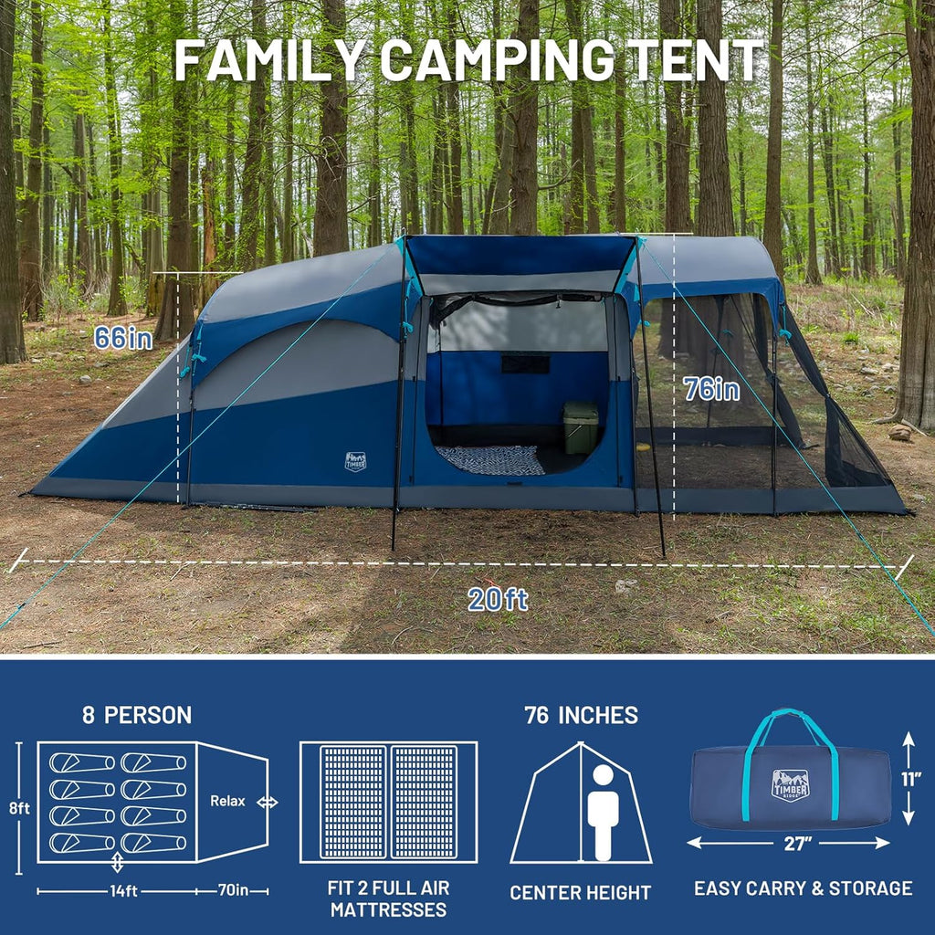 Tente de camping familiale TIMBER RIDGE pour 8 personnes avec moustiquaire, tente à double paroi imperméable et résistante aux intempéries Grande tente familiale