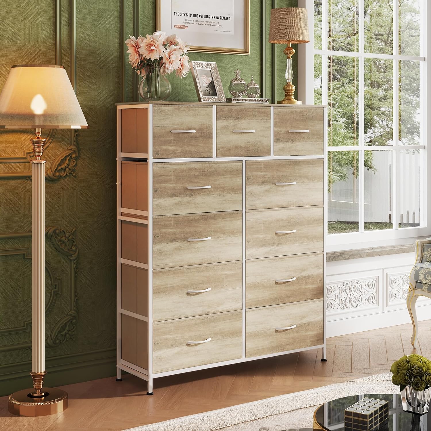 Unité de rangement avec 11 bacs en tissu, tiroirs de rangement avec cadre en acier, grande tour de rangement