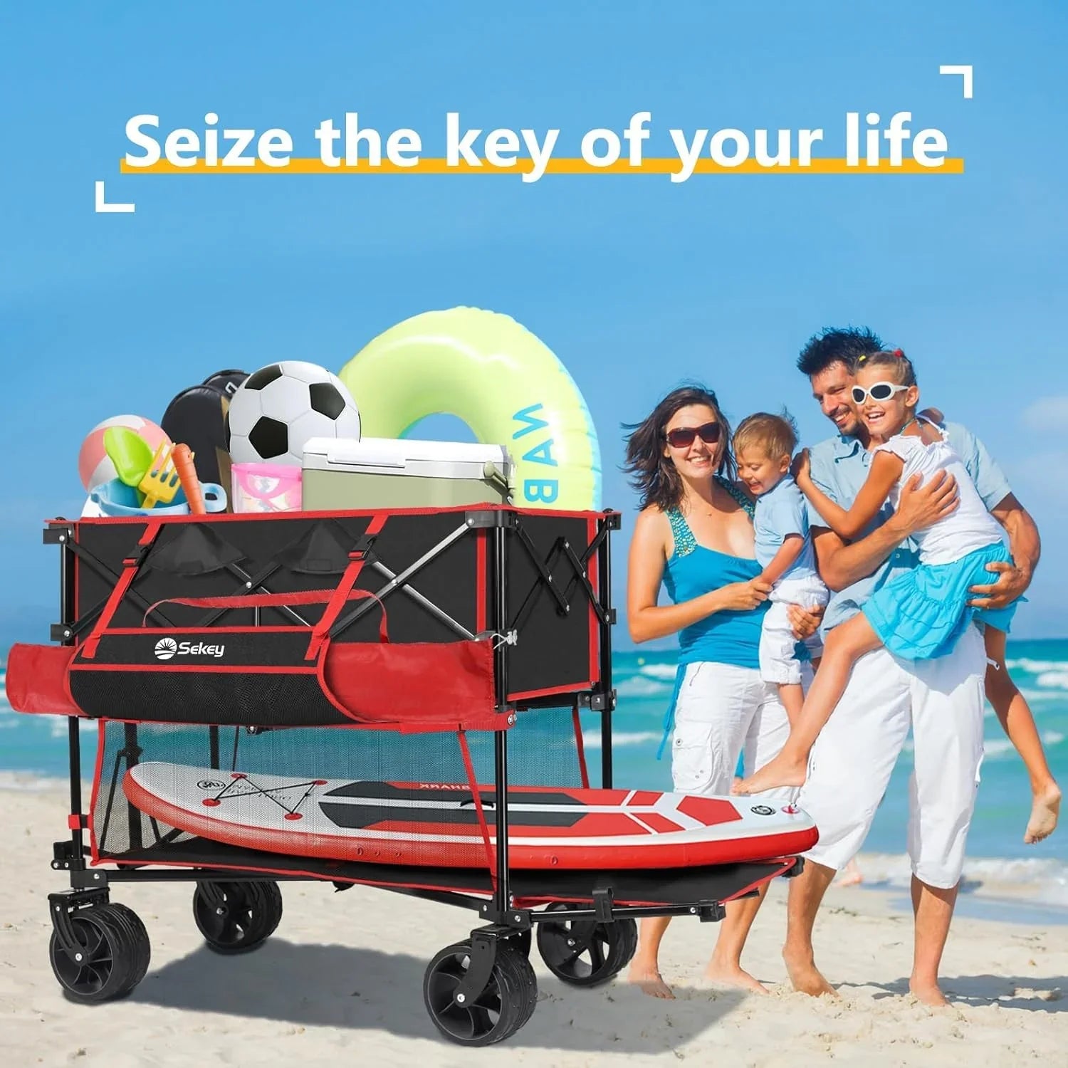 Chariot pliable à deux étages grande capacité de 400 L avec freins, chariot extensible extra long de 50 po, chariot pliable robuste de 500 lb.