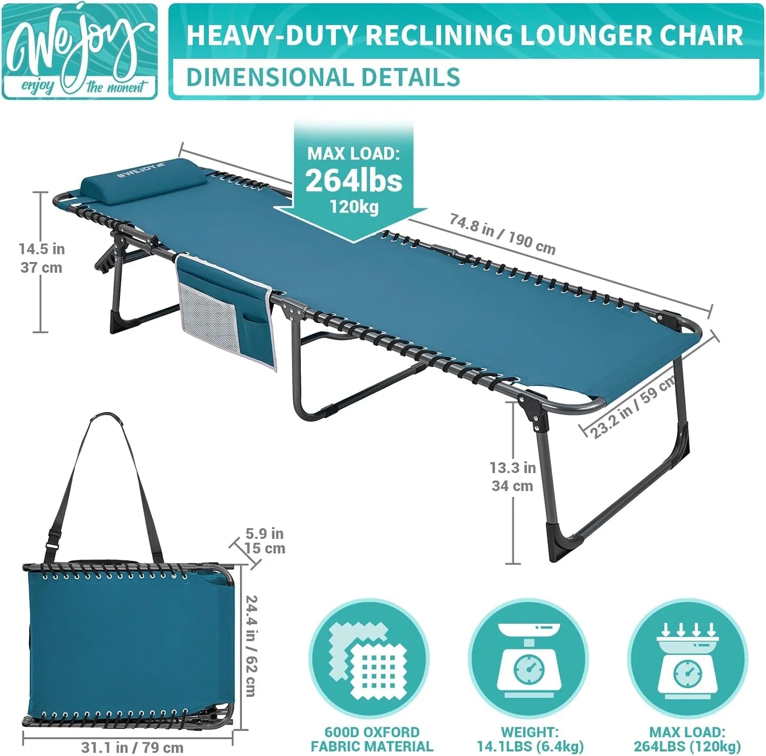 Lot de 2 chaises longues d'extérieur - Chaise longue pliante portable pour patio, piscine, camping, inclinable et réglable sur 5 positions