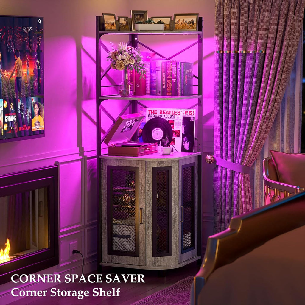 Meuble bar d'angle avec prise de courant, armoire à vin de style industriel avec bande lumineuse LED et support à verres, meuble bar à vin à cinq niveaux pour la maison, vitrine d'angle pour petit espace