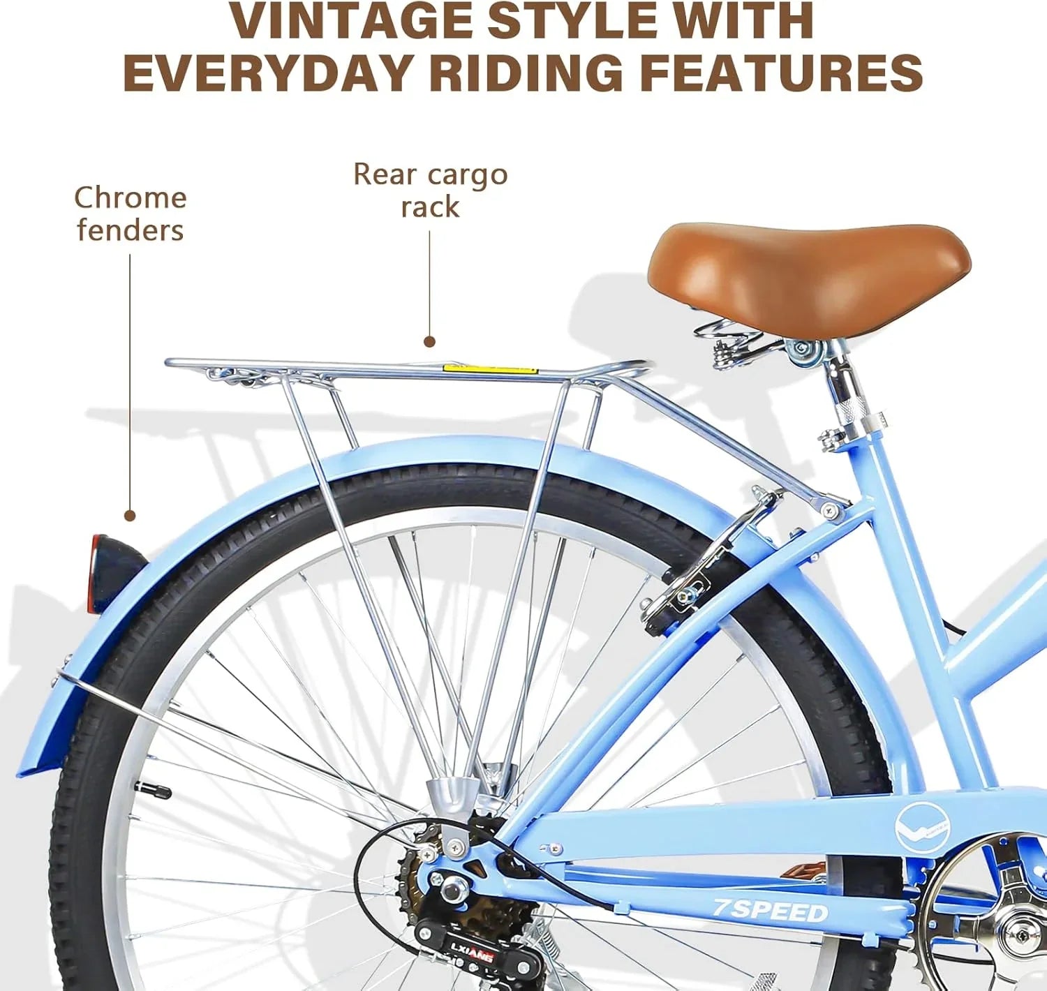 Vélo de plage WEIZE, vélo de ville adulte 26 pouces pour hommes et femmes, 7 vitesses, acier à haute teneur en carbone, garde-boue avant et arrière, vélo de ville confortable