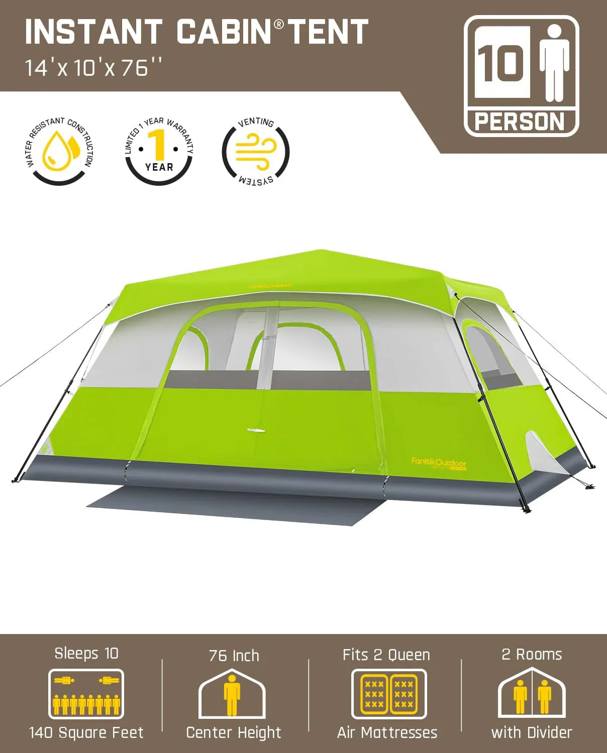 Tente de camping portable pour 4/6/8/10 personnes avec cabine instantanée et résistante à la pluie et au vent