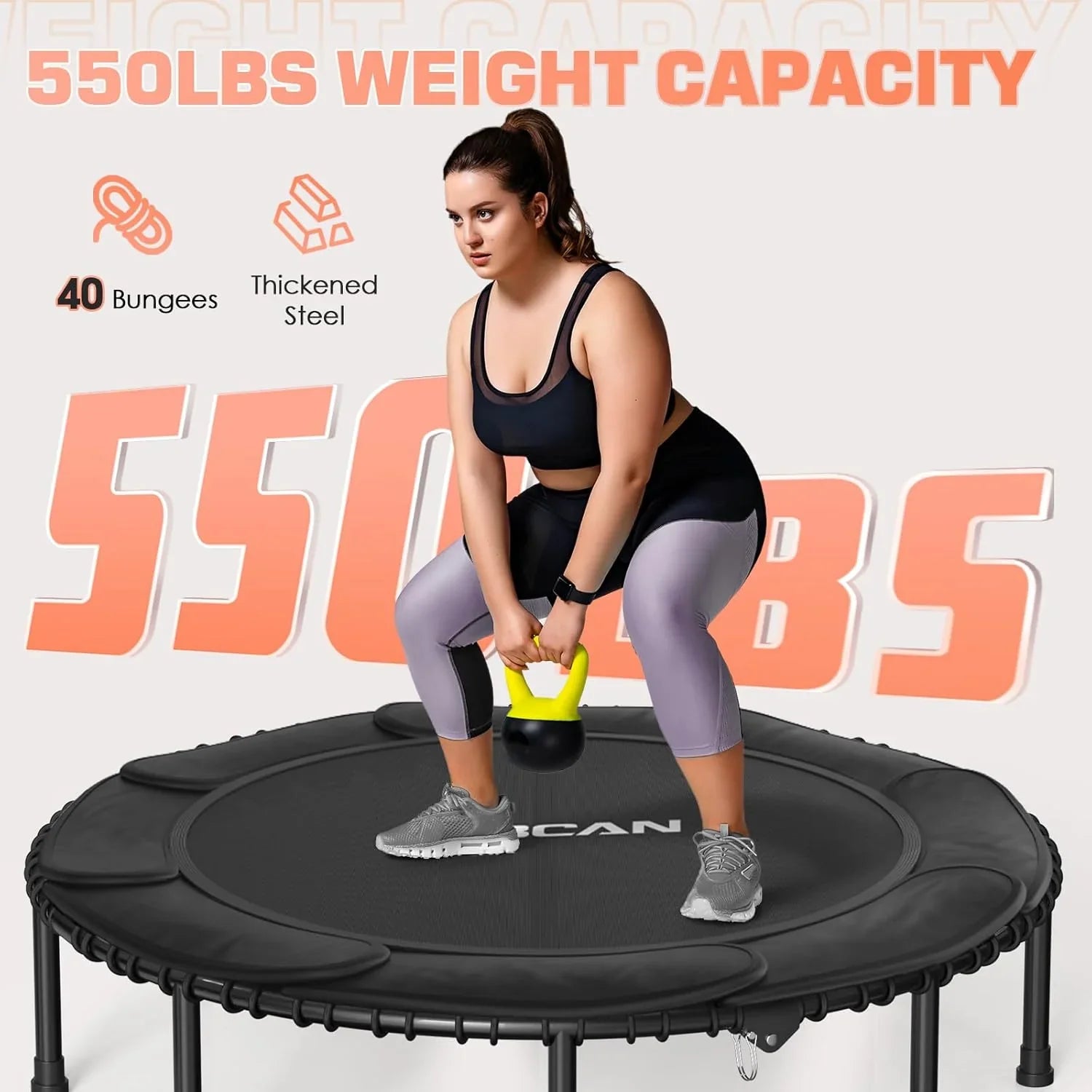Mini-trampoline pliable BCAN 450/550 lb, trampoline de fitness 40"/48" stable et silencieux