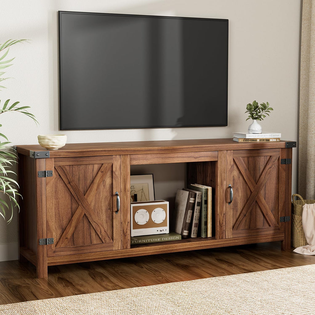 YESHOMY Meuble TV avec cheminée et deux portes de grange, armoires de rangement pour téléviseurs jusqu'à 65 pouces et plus, console de divertissement, meuble multimédia pour salon, 58 pouces
