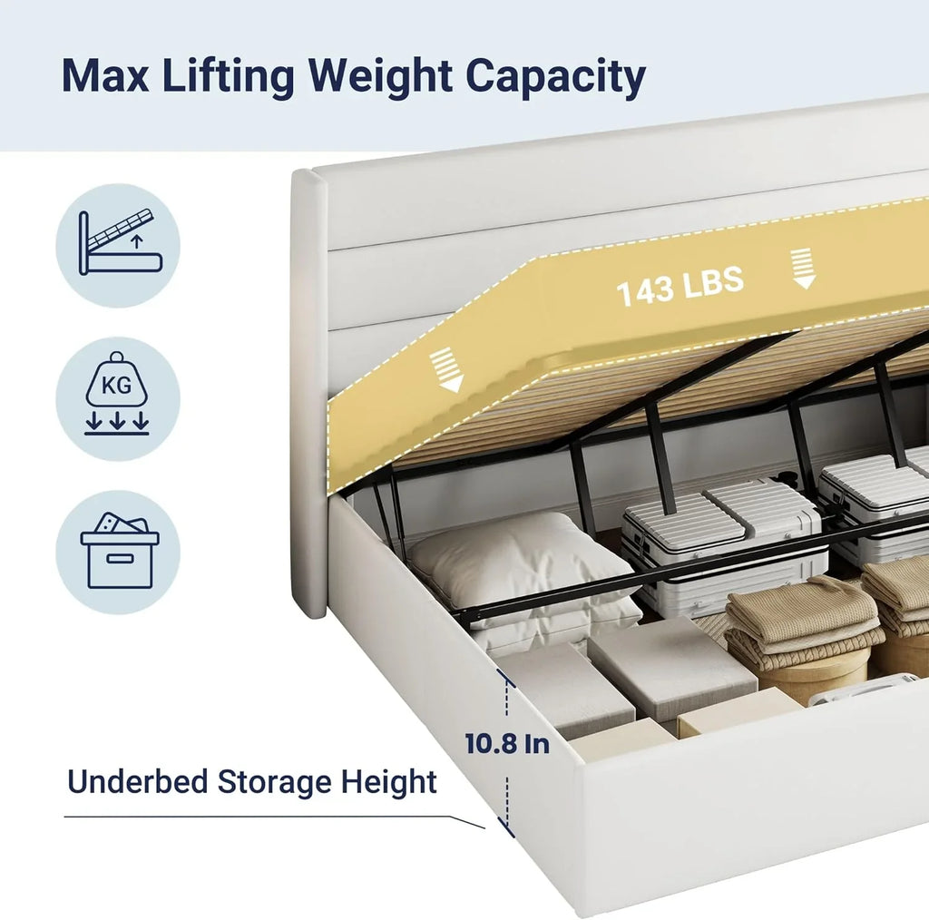 Lit queen-size relevable avec rangement Allewie, tête de lit à oreilles moderne et support hydraulique
