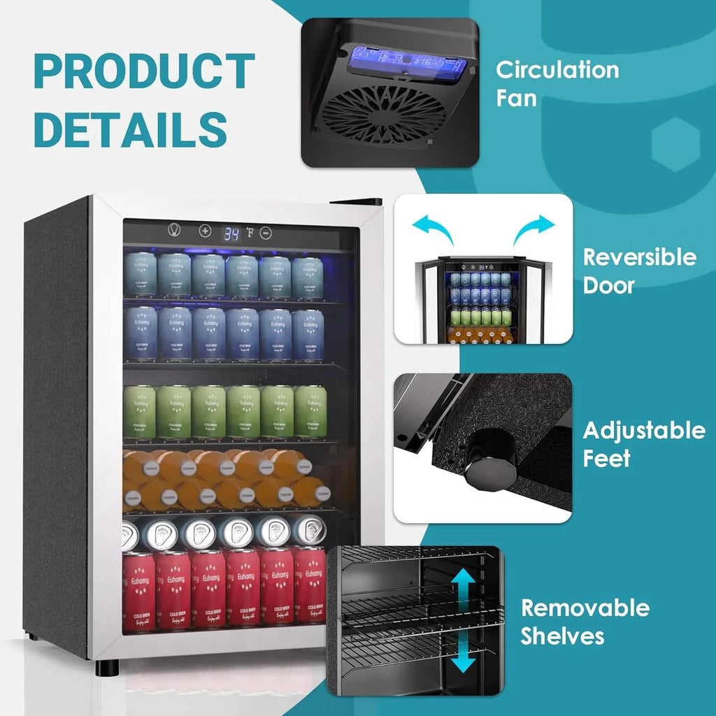 Réfrigérateur à boissons EUHOMY, mini-réfrigérateur 130 canettes avec porte vitrée pour soda, bière ou vin, refroidisseur de boissons pour la maison et le bureau