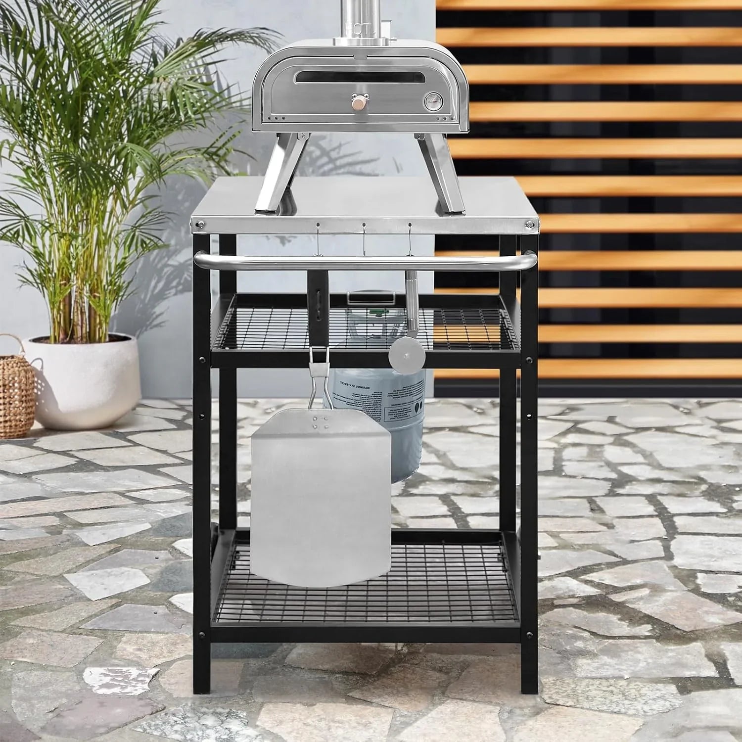 Chariot de barbecue d'extérieur en acier inoxydable, support de four à pizza, table roulante, chariot de barbecue robuste