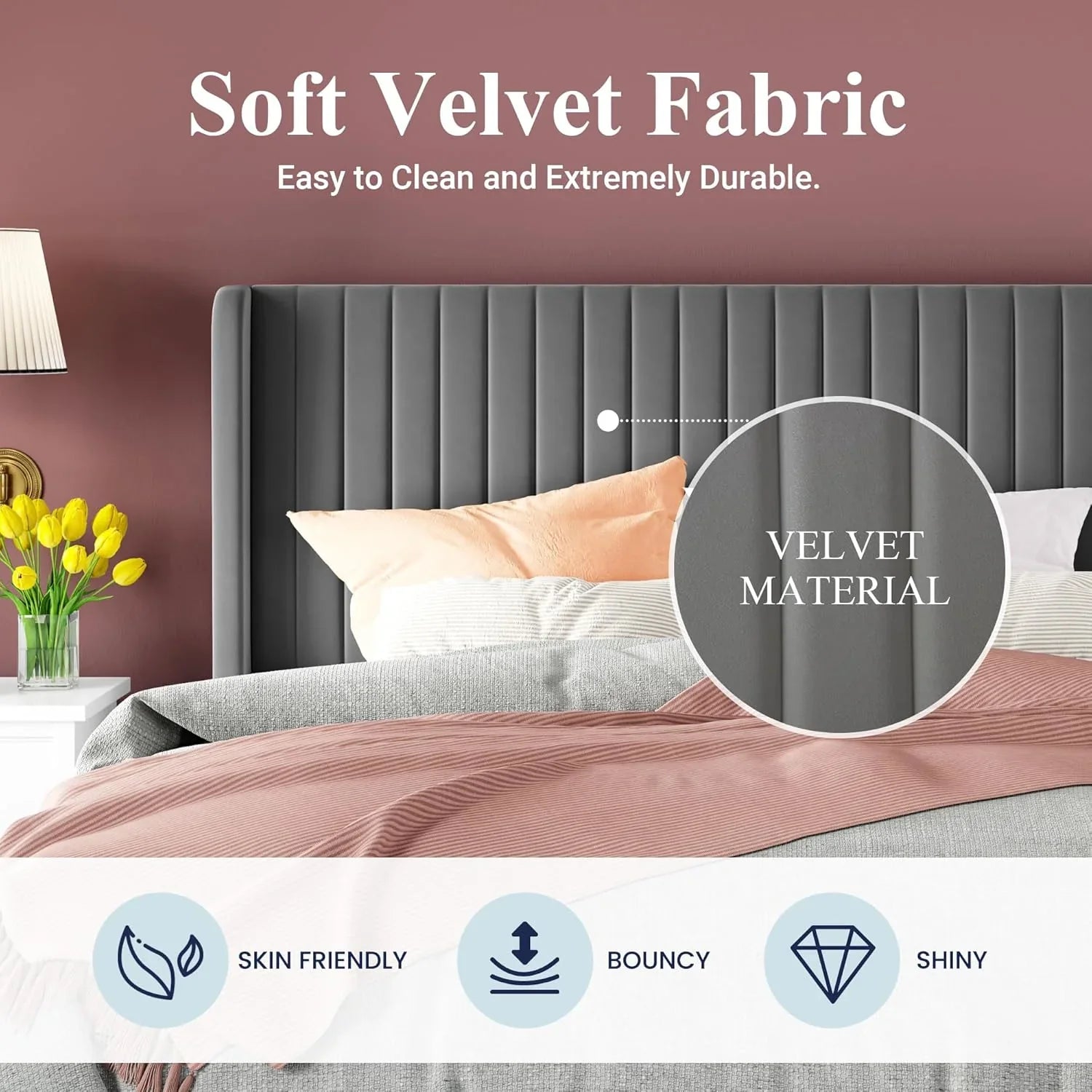 Cadre de lit Allewie en velours pleine grandeur/tête de lit capitonnée à oreilles verticales/lit plateforme rembourré/lattes en bois robustes