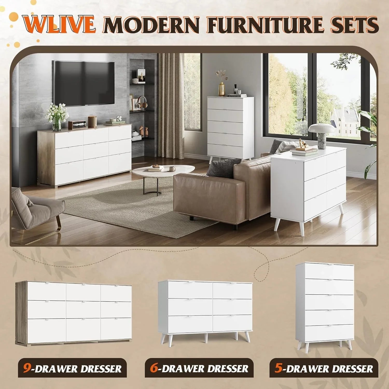 Commode LED à 9 tiroirs pour chambre à coucher, 148 cm de large, organiseur de rangement en bois avec prise électrique