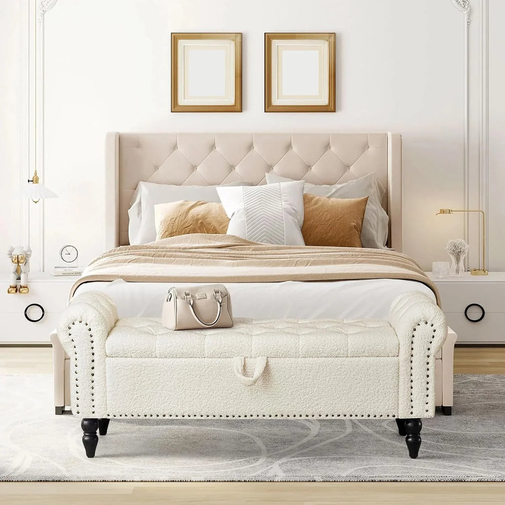 Tabouret de rangement moderne Furniliving, tabouret de bout de lit en bois massif Sherpa, tabouret rembourré tabouret d'intérieur