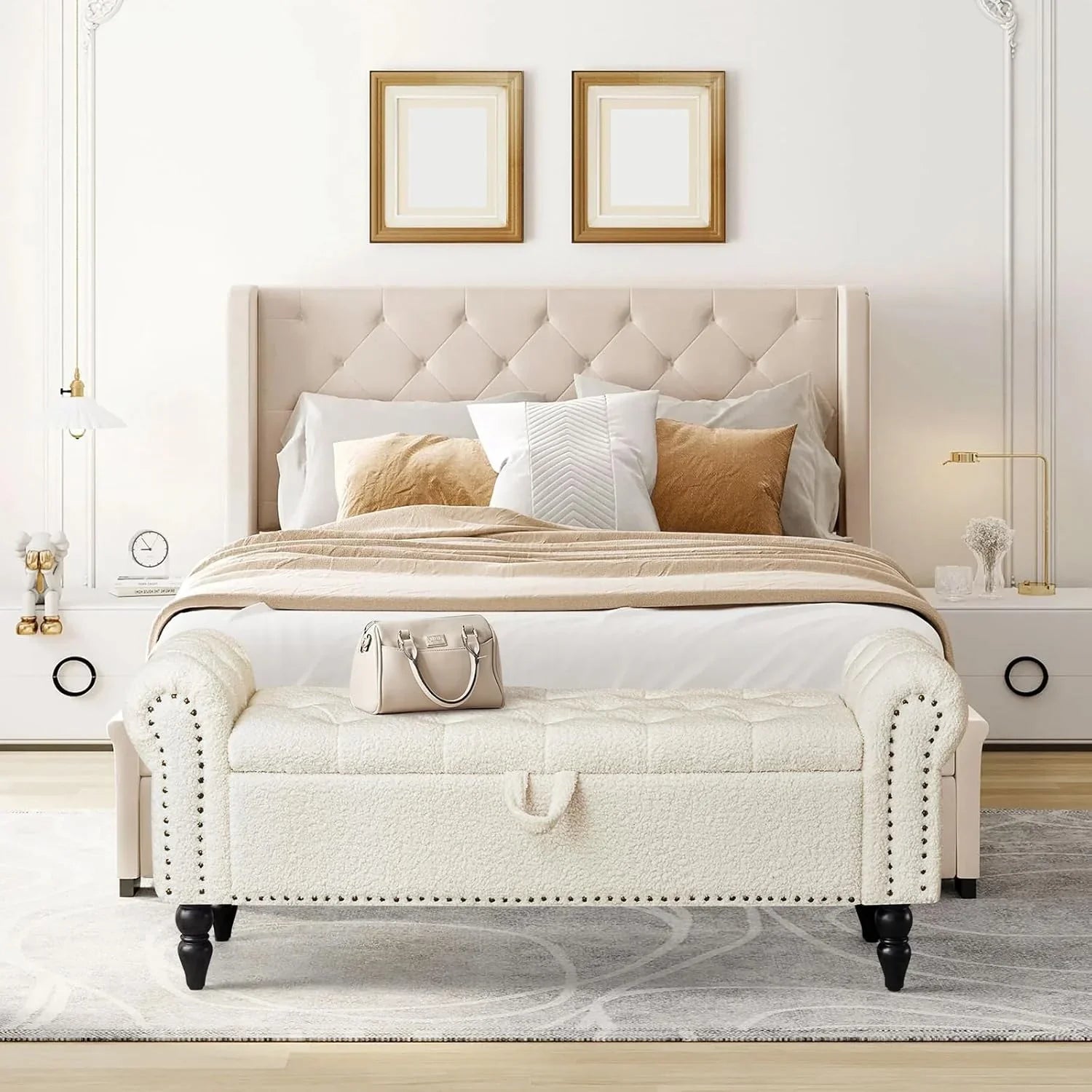 Tabouret de rangement moderne Furniliving, tabouret de bout de lit en bois massif Sherpa, tabouret rembourré tabouret d'intérieur