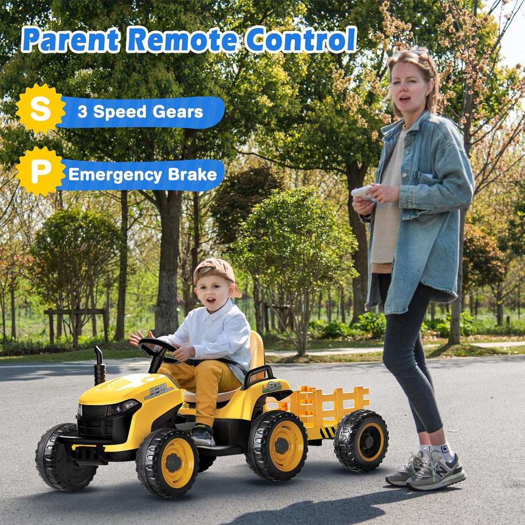 Tracteur autoporté 24 V avec remorque inclinable et amovible, 2 moteurs de 65 W, pneus EVA, télécommande, Bluetooth, levier de vitesse, musique, voiture électrique pour enfants, vert