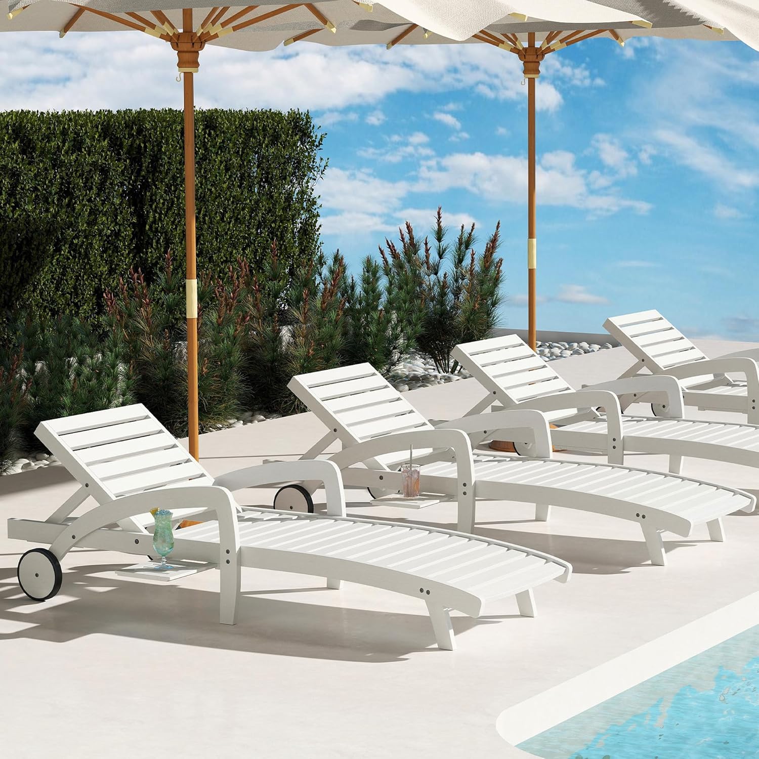 Chaise longue de piscine réglable à 5 positions Chaise longue en bois avec table d'appoint coulissante