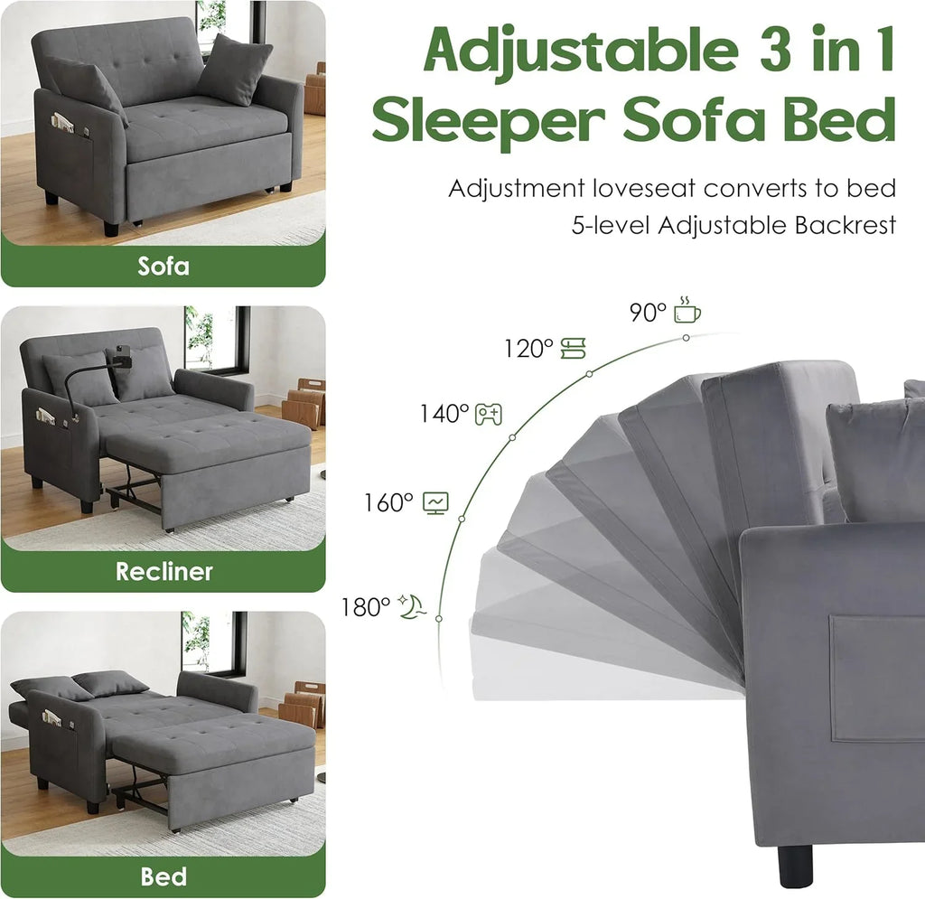 Canapé-lit convertible 3 en 1, convertible, gigogne, petit canapé causeuse, futon, pleine grandeur, causeuse en velours de 117 cm