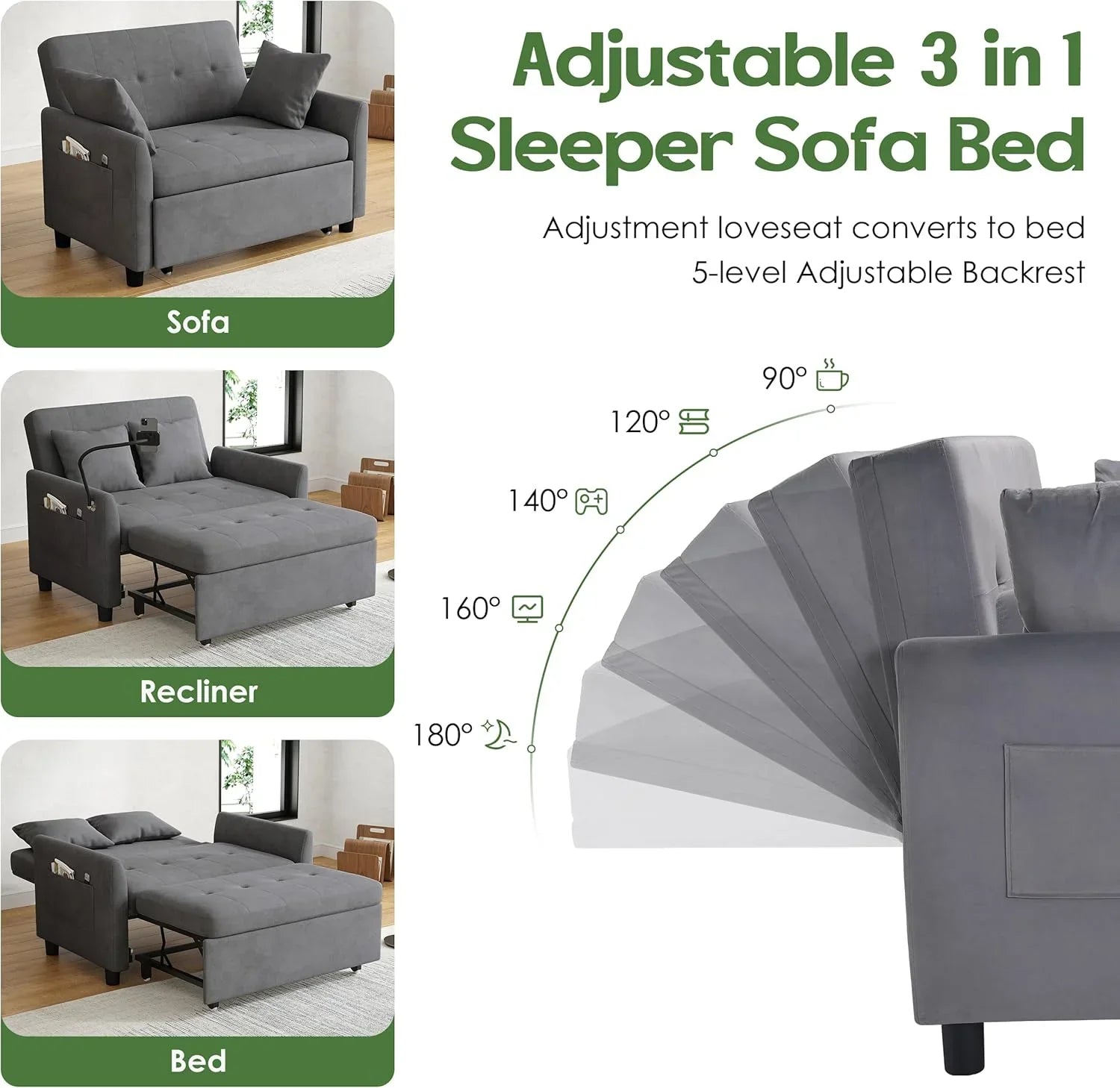 Canapé-lit convertible 3 en 1, convertible, gigogne, petit canapé causeuse, futon, pleine grandeur, causeuse en velours de 117 cm