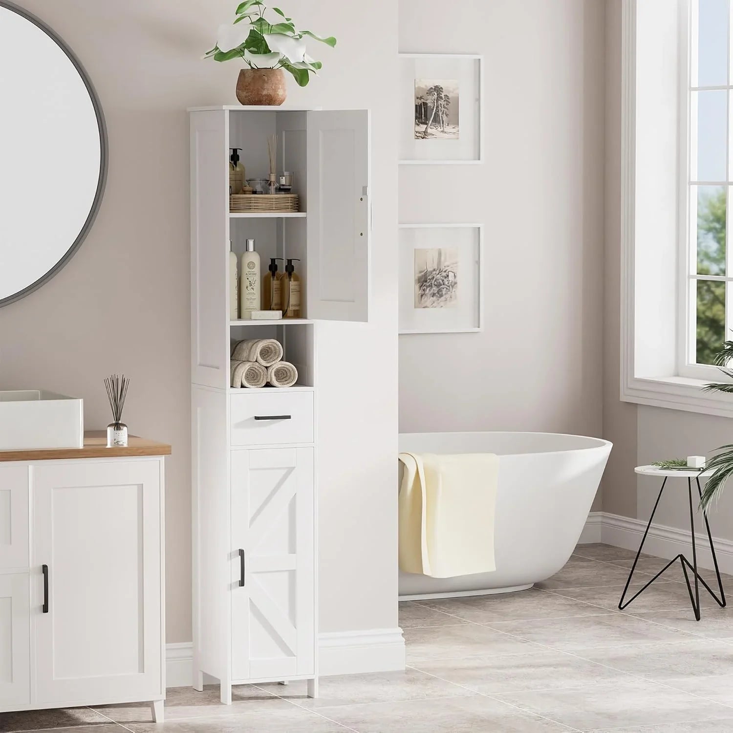 Meuble de rangement de salle de bain Homhedy de 67 po de hauteur avec 2 portes de grange et 1 tiroir