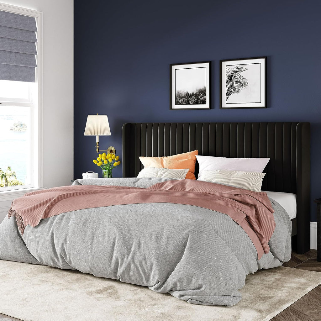 Cadre de lit Allewie en velours pleine grandeur/tête de lit capitonnée à oreilles verticales/lit plateforme rembourré/lattes en bois robustes