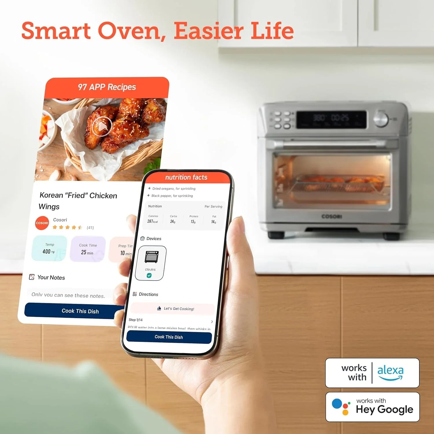 Four grille-pain combiné intelligent 12 en 1 COSORI, four à convection pour friteuse à air, cuisson au four, rôtissage, réchauffage, grillage, déshydratation, 75 recettes et 3 accessoires, 26 pintes