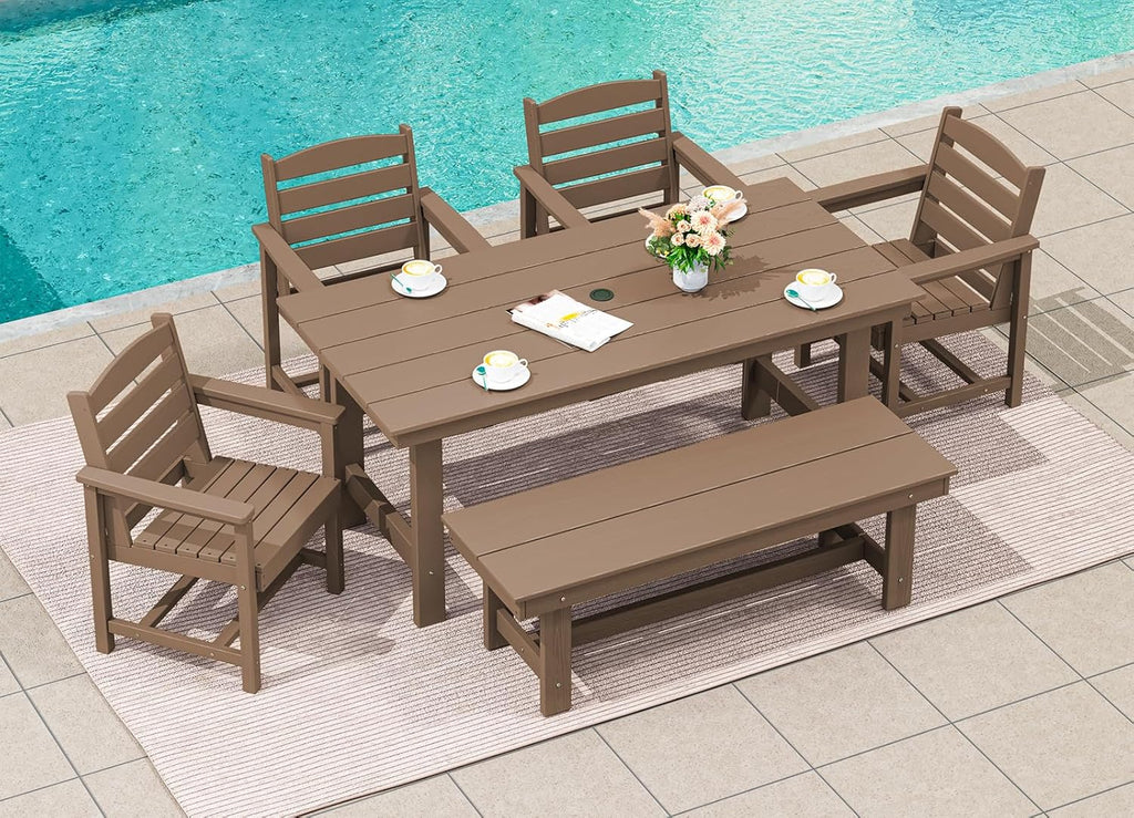 Ensemble de salle à manger d'extérieur en PEHD, 7 pièces, avec table découpée pour parasol et 6 chaises