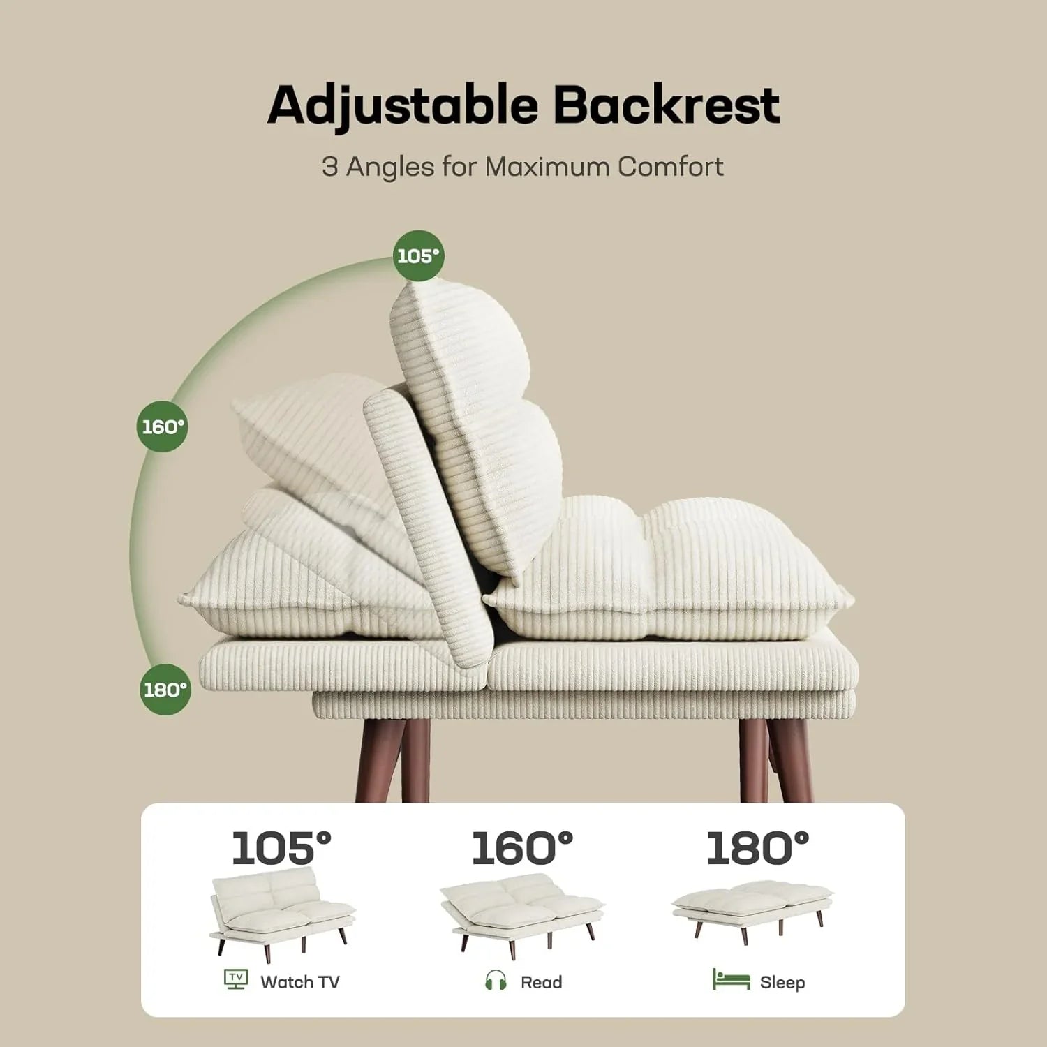 Canapé-lit futon, canapé futon avec dossier et accoudoirs réglables, convertible en petit canapé-lit causeuse en velours côtelé vert