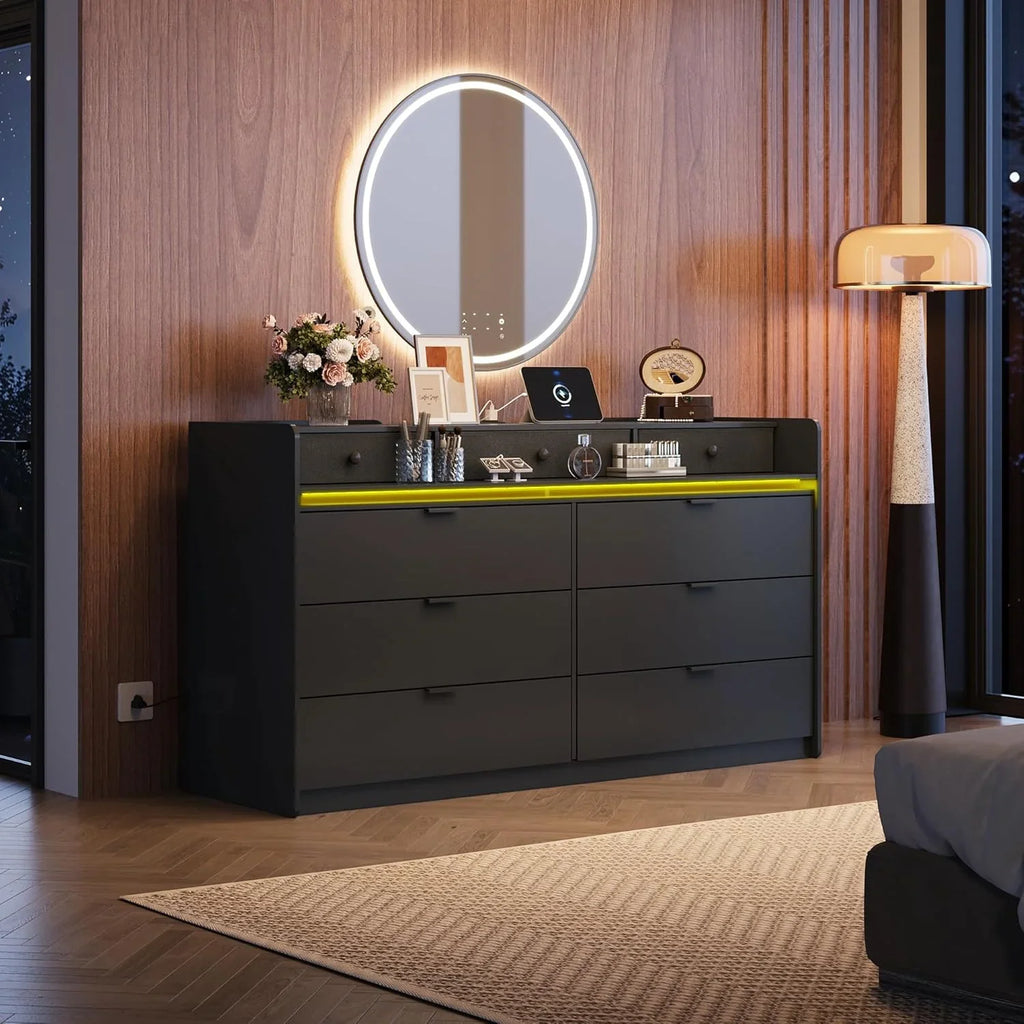 Commode LED à 9 tiroirs pour chambre à coucher, 148 cm de large, organiseur de rangement en bois avec prise électrique