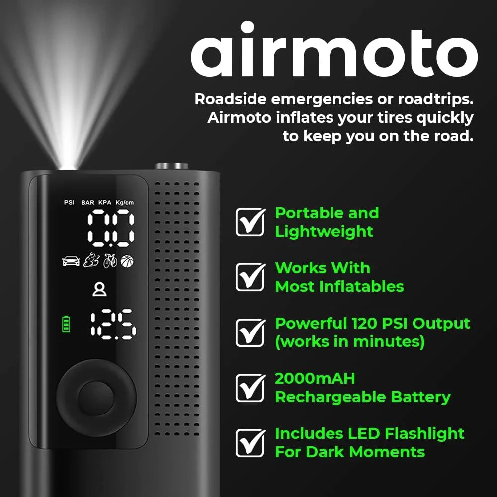Compresseur d'air portable Airmoto pour pneus de voiture, avec manomètre numérique, éclairage LED et arrêt automatique.