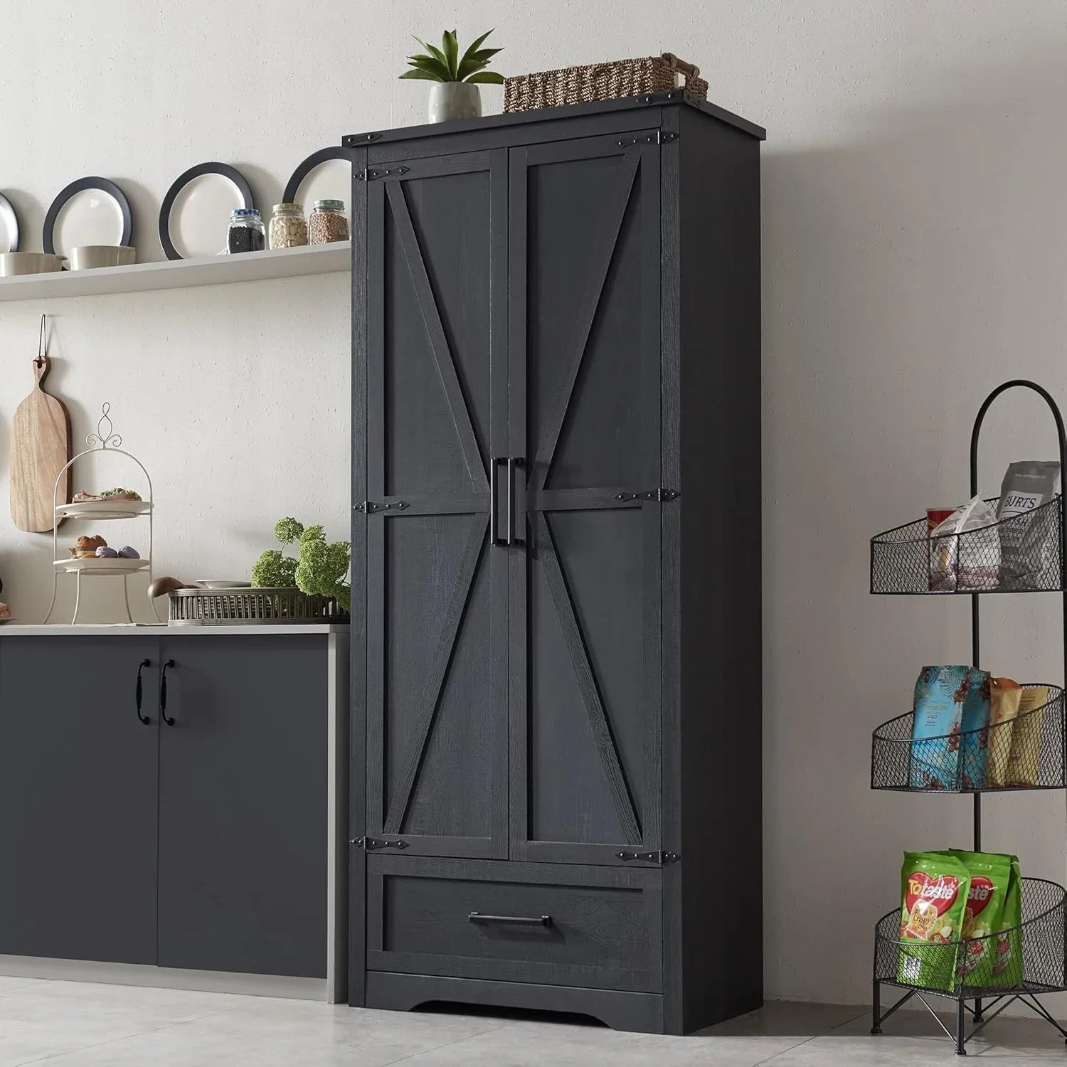 Garde-manger de cuisine de style ferme JXQTLINGMU - Armoire de rangement de cuisine en bois de 72 po de hauteur avec étagères réglables et 2 portes et tiroirs de style grange