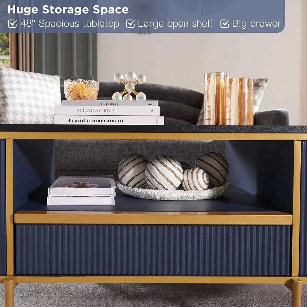 Table basse ovale de luxe moderne rainurée OKD, 48 pouces, avec tiroirs, plateau en imitation marbre