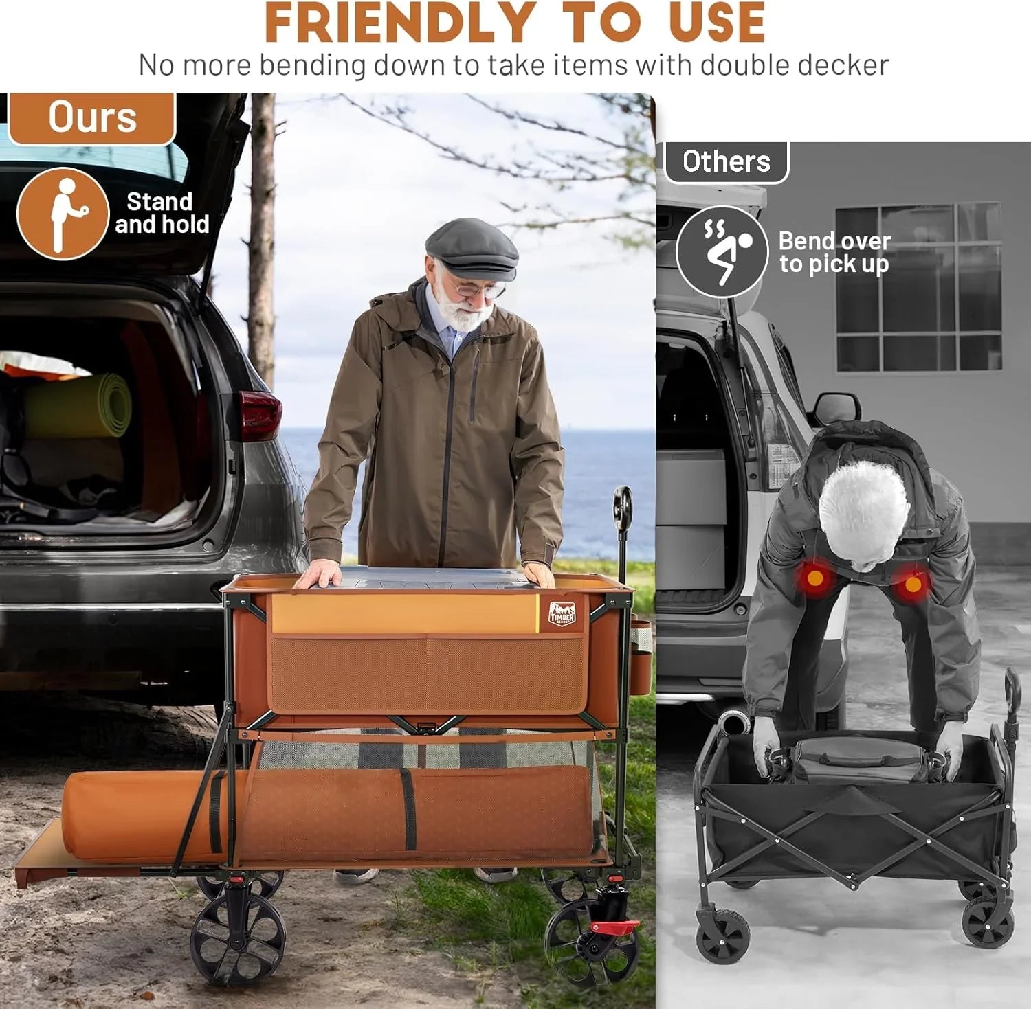 Chariot pliable à deux étages de grande capacité de 400 L avec freins, chariot extra-long de 54 pouces, chariot pliable robuste de 450 livres