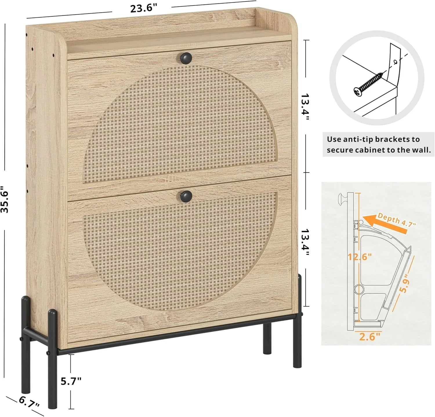 Meuble à chaussures IRONCK avec 2 tiroirs rabattables, meuble de rangement à chaussures indépendant en bois
