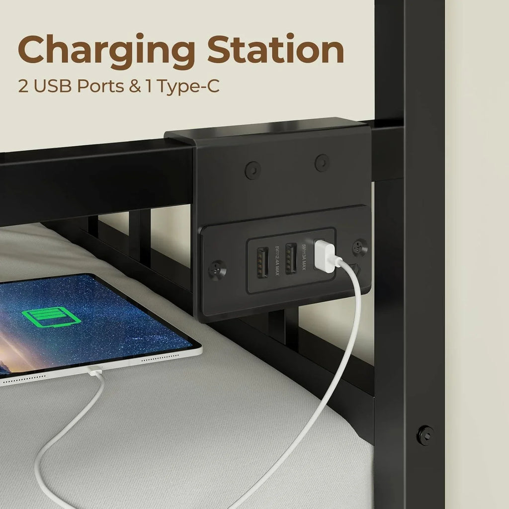 Lit de repos Rolanstar avec station de charge et éclairage LED, lit de repos double réglable en hauteur avec lit gigogne, cadre de canapé-lit en métal avec support à lattes en acier