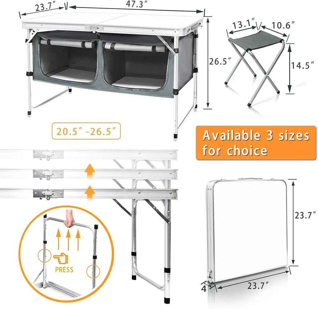 Table pliante d'extérieur en aluminium, légère, réglable en hauteur, avec rangement, pour barbecue, fête, camping