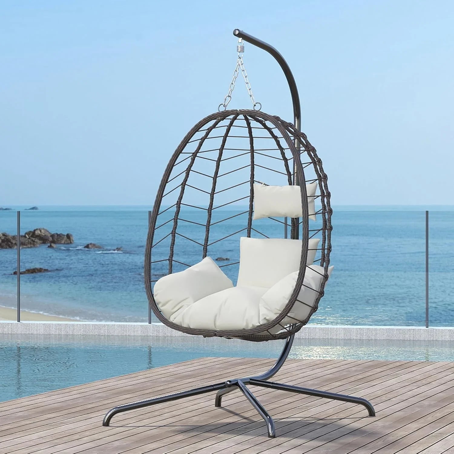 Chaise suspendue en forme d'œuf avec support, chaise pivotante pour extérieur et intérieur, chaise suspendue en osier pour patio