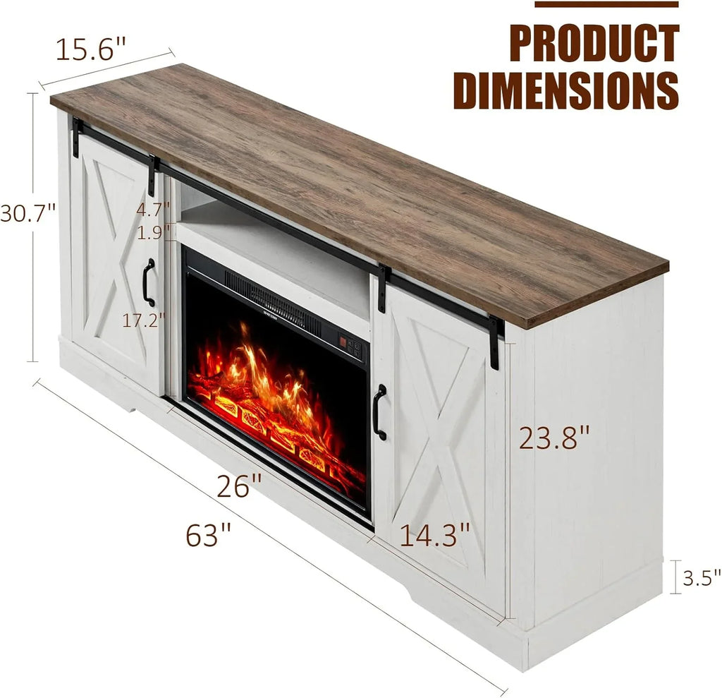 Meuble TV avec cheminée AMERLIFE et portes coulissantes style grange, compatible avec les téléviseurs jusqu'à 73 pouces, centre de divertissement avec cheminée de style ferme