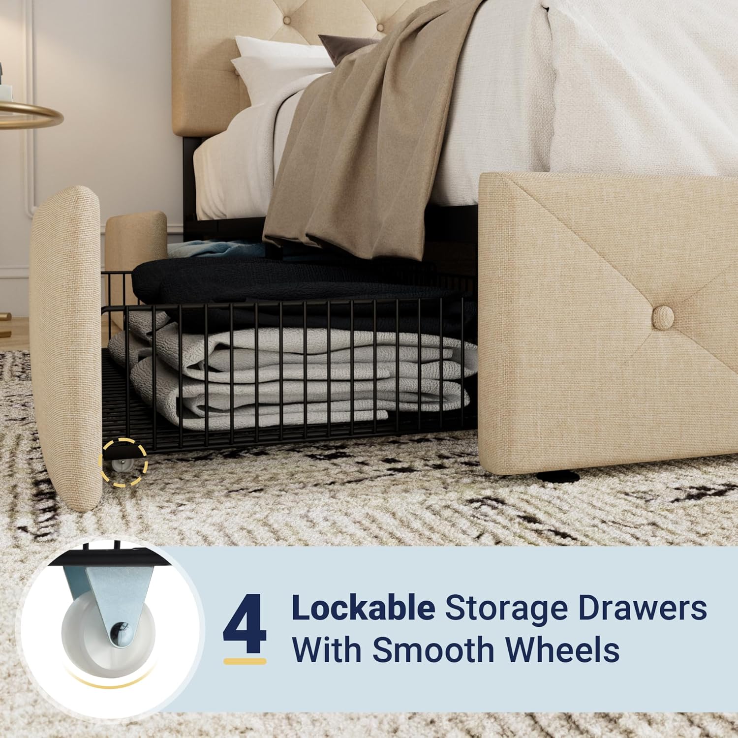 Cadre de lit plateforme Allewie rembourré Queen Size avec 4 tiroirs de rangement et tête de lit, capitonné à boutons à coutures carrées, sommier à lattes en bois, pas besoin de sommier.