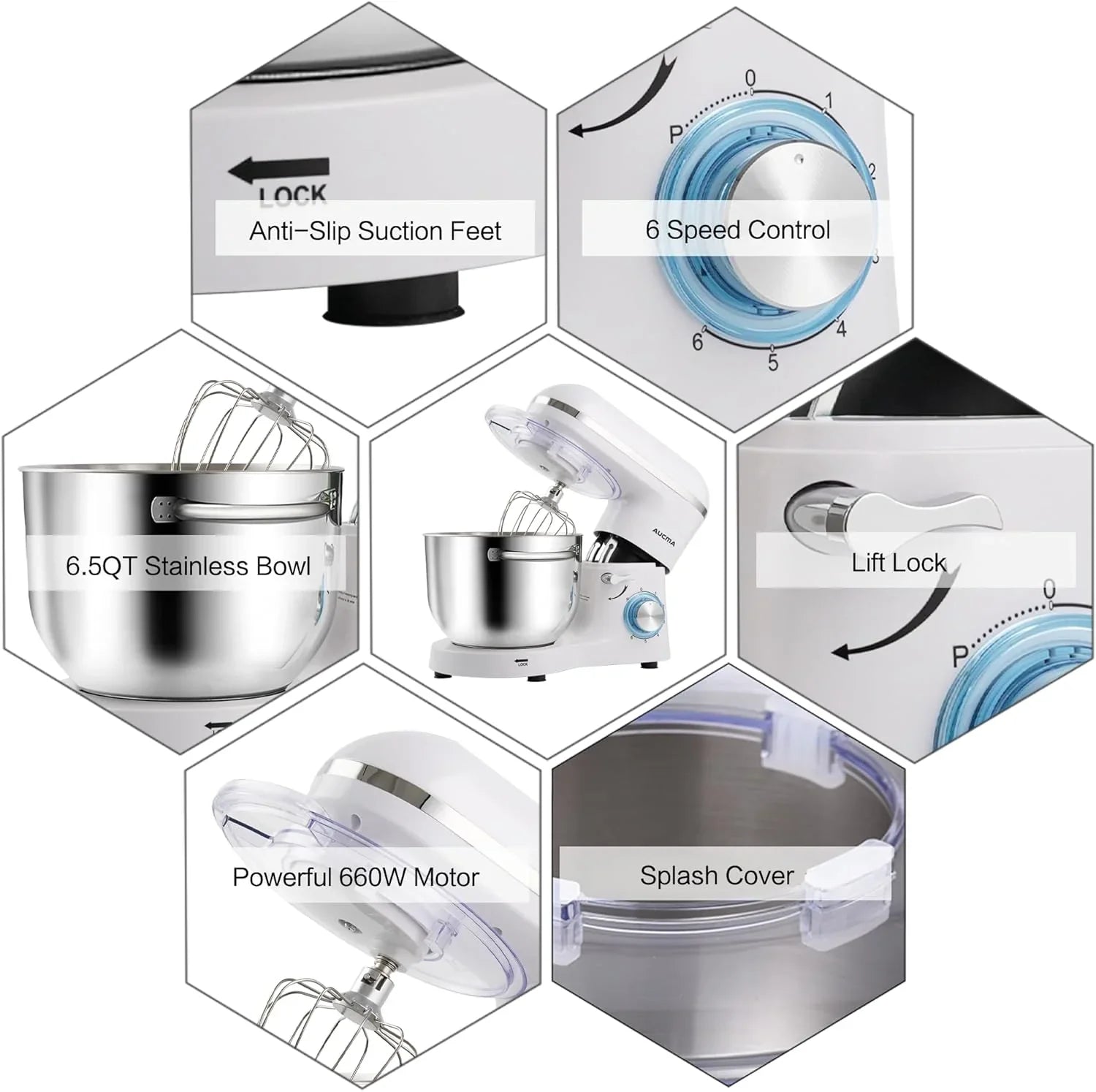 Batteur sur socle Aucma, 6,5 pintes, 660 W, 6 vitesses, tête inclinable, batteur électrique de cuisine avec crochet pétrisseur