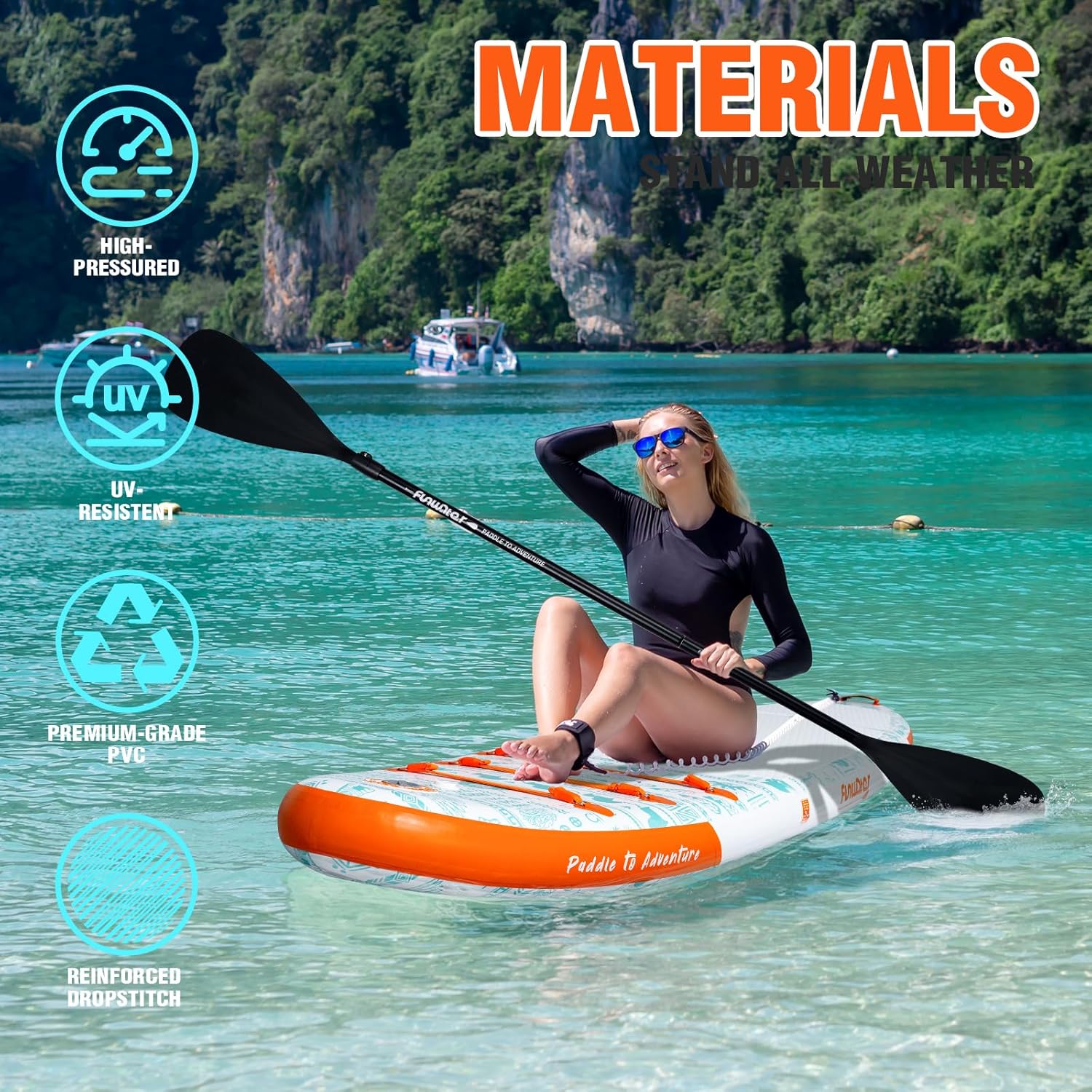 Planche de stand up paddle gonflable FunWater avec accessoires de pagaie SUP haut de gamme, pont EVA antidérapant, pagaie 11'/10'6'