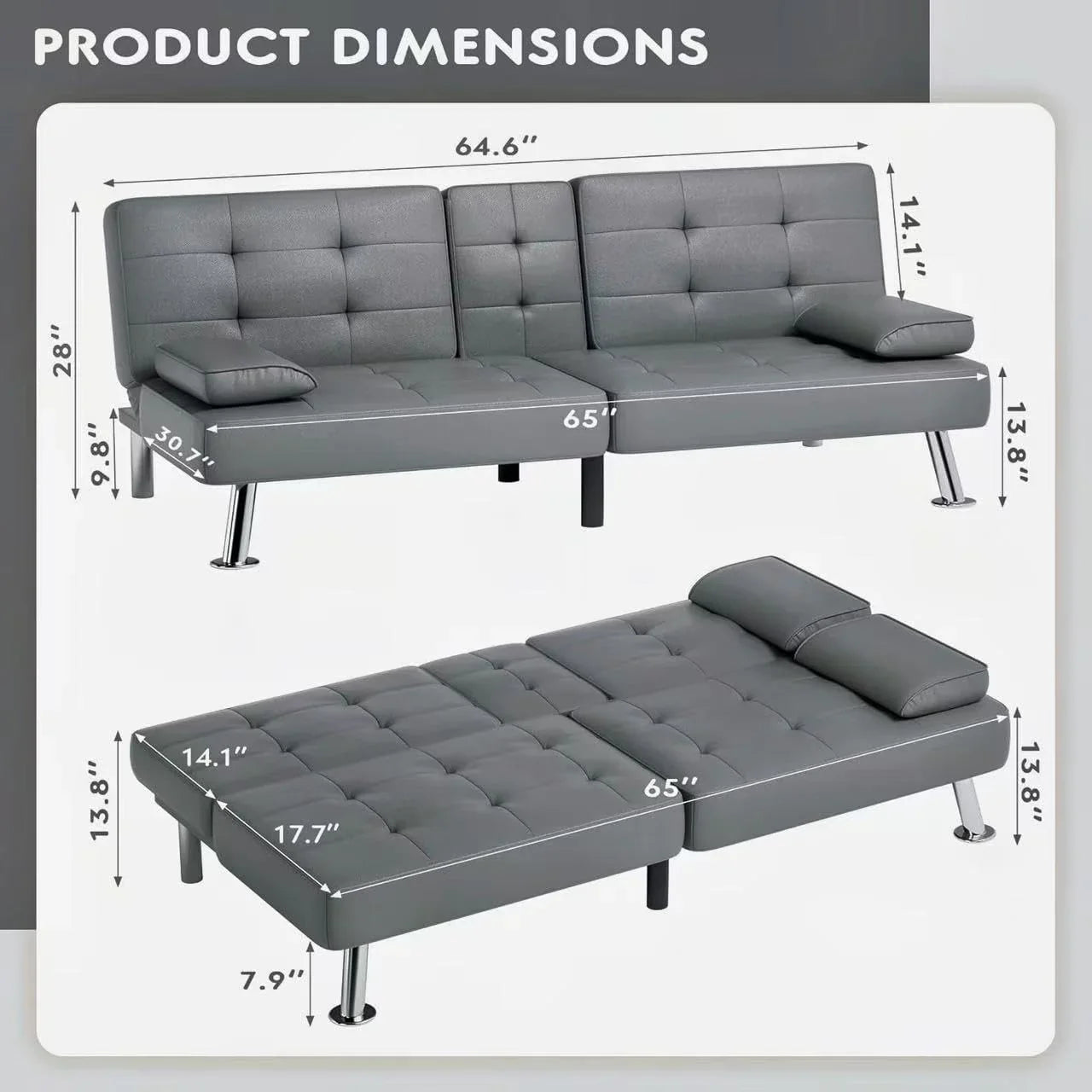 Canapé-lit futon Homall, canapé-lit futon en cuir avec accoudoirs amovibles, canapé-lit inclinable réglable avec deux porte-gobelets pour salon et appartement