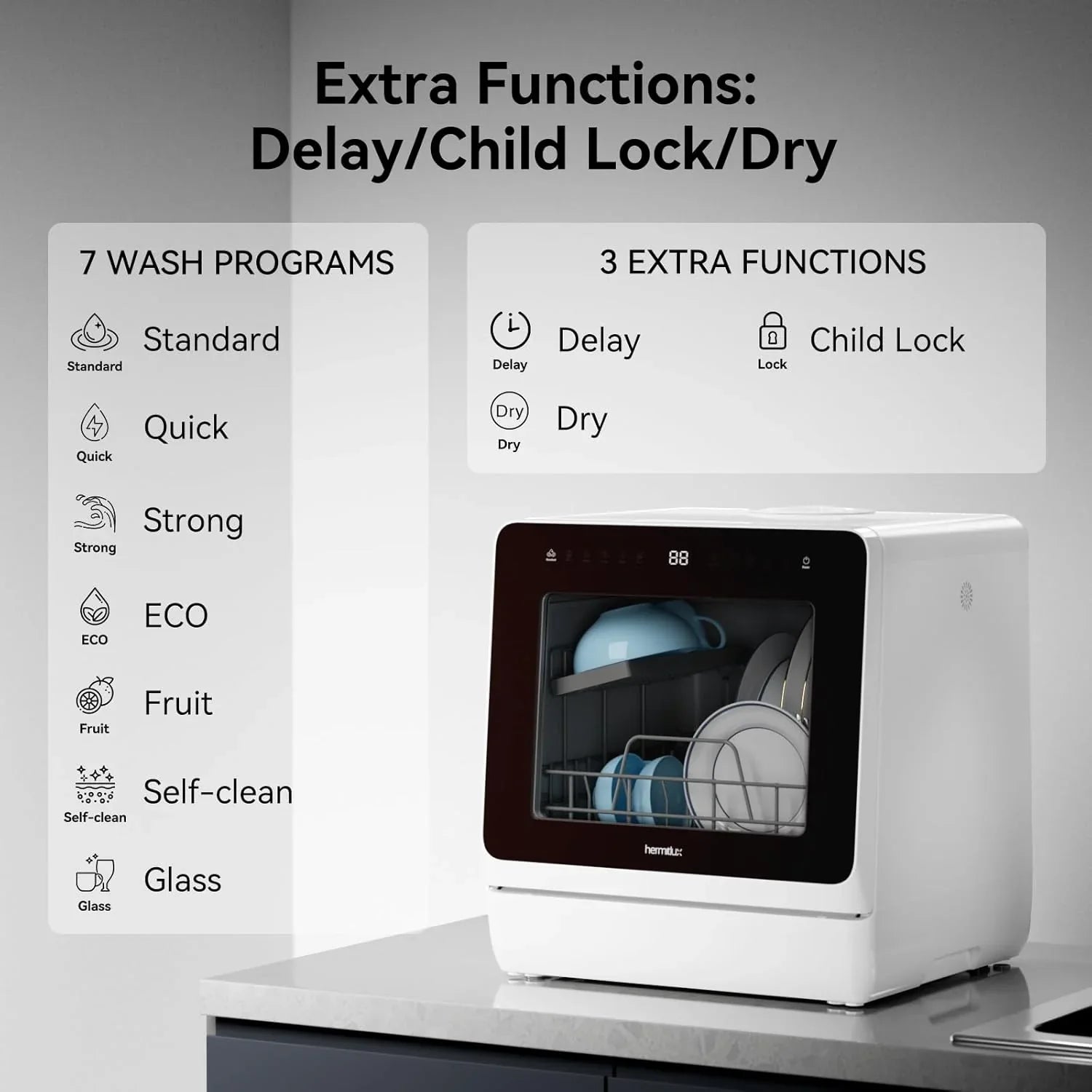 Lave-vaisselle de table Hermitlux, 7 programmes de lavage, mini lave-vaisselle portable