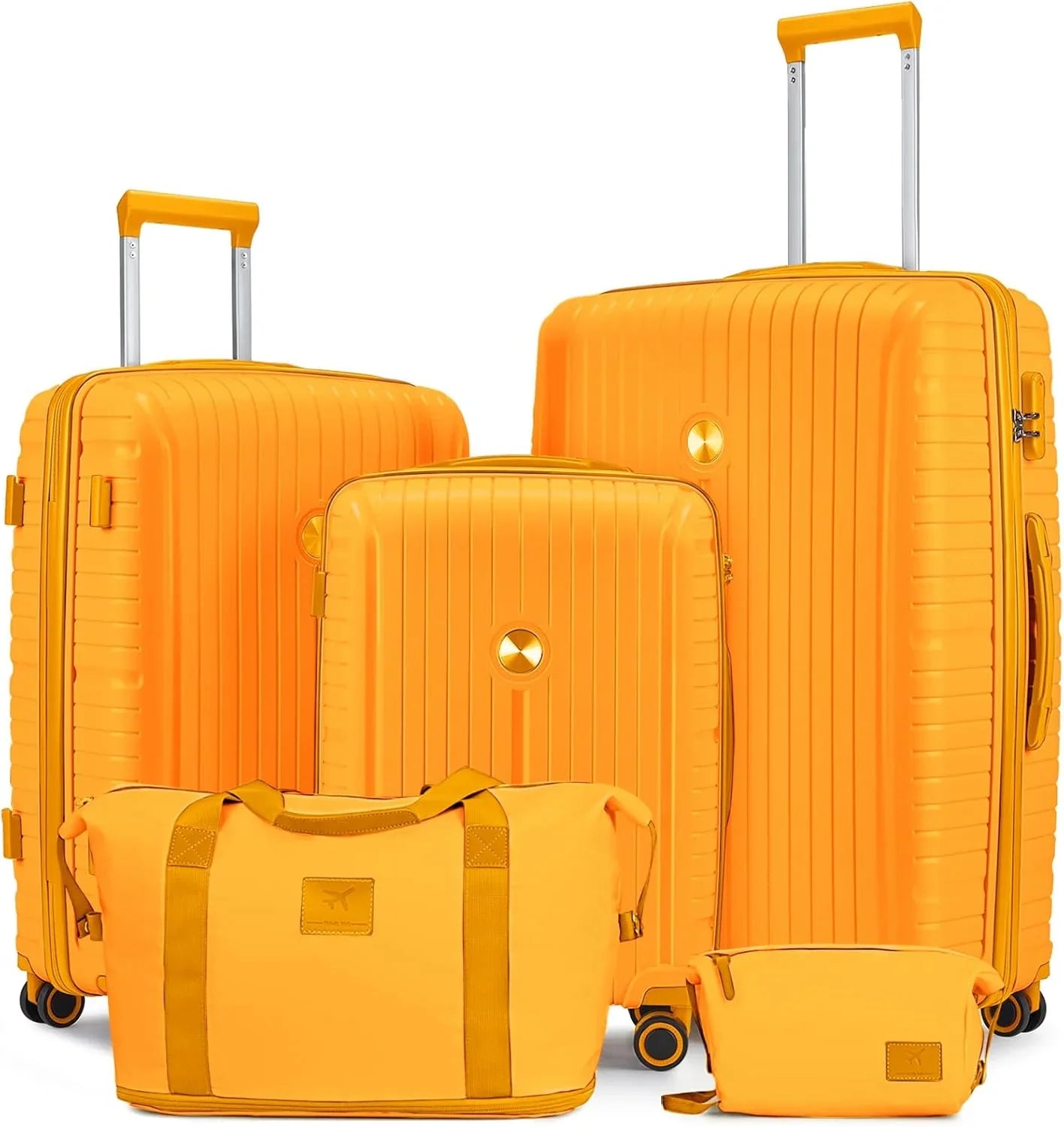 Ensemble de 5 valises de voyage légères à coque rigide en PP avec deux roulettes pivotantes et serrure TSA