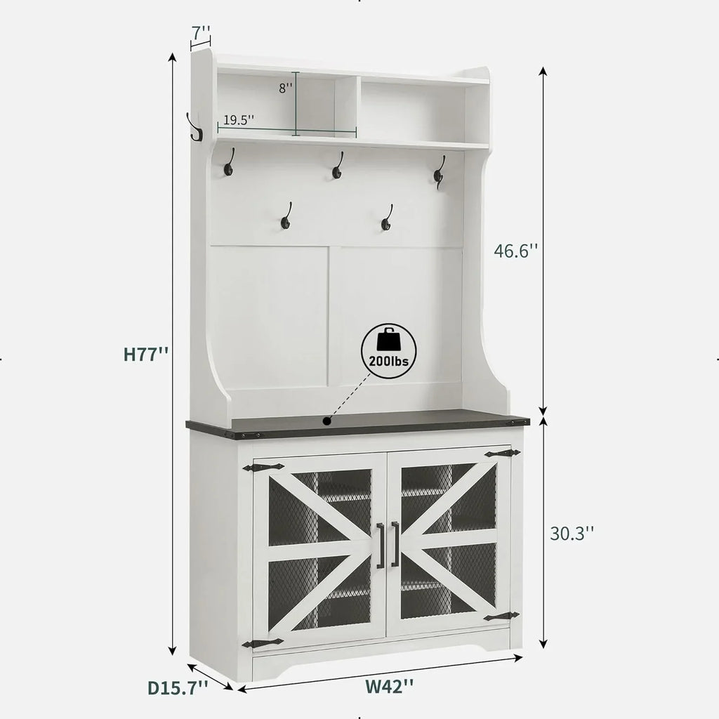 JXQTLINGMU Arbre de foyer de ferme de 59 pouces avec rangement pour chaussures, banc d'entrée, porte-manteau, armoire