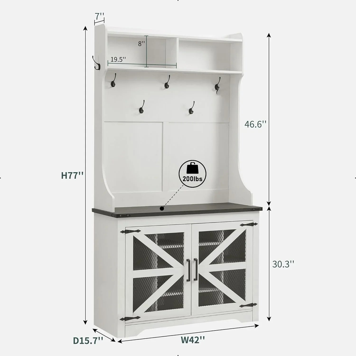 JXQTLINGMU Arbre de foyer de ferme de 59 pouces avec rangement pour chaussures, banc d'entrée, porte-manteau, armoire