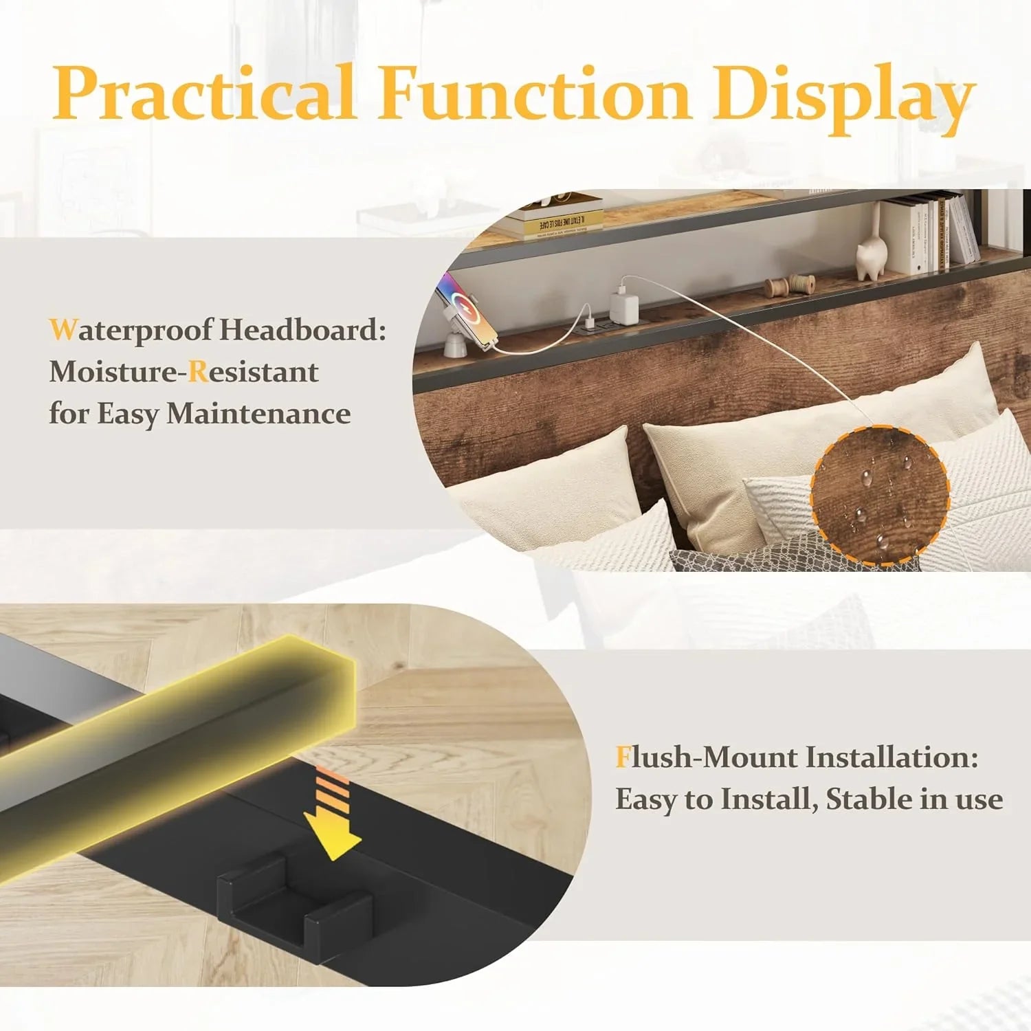 Cadre de lit Queen Lifezone avec tête de lit double et plateau de rangement en métal