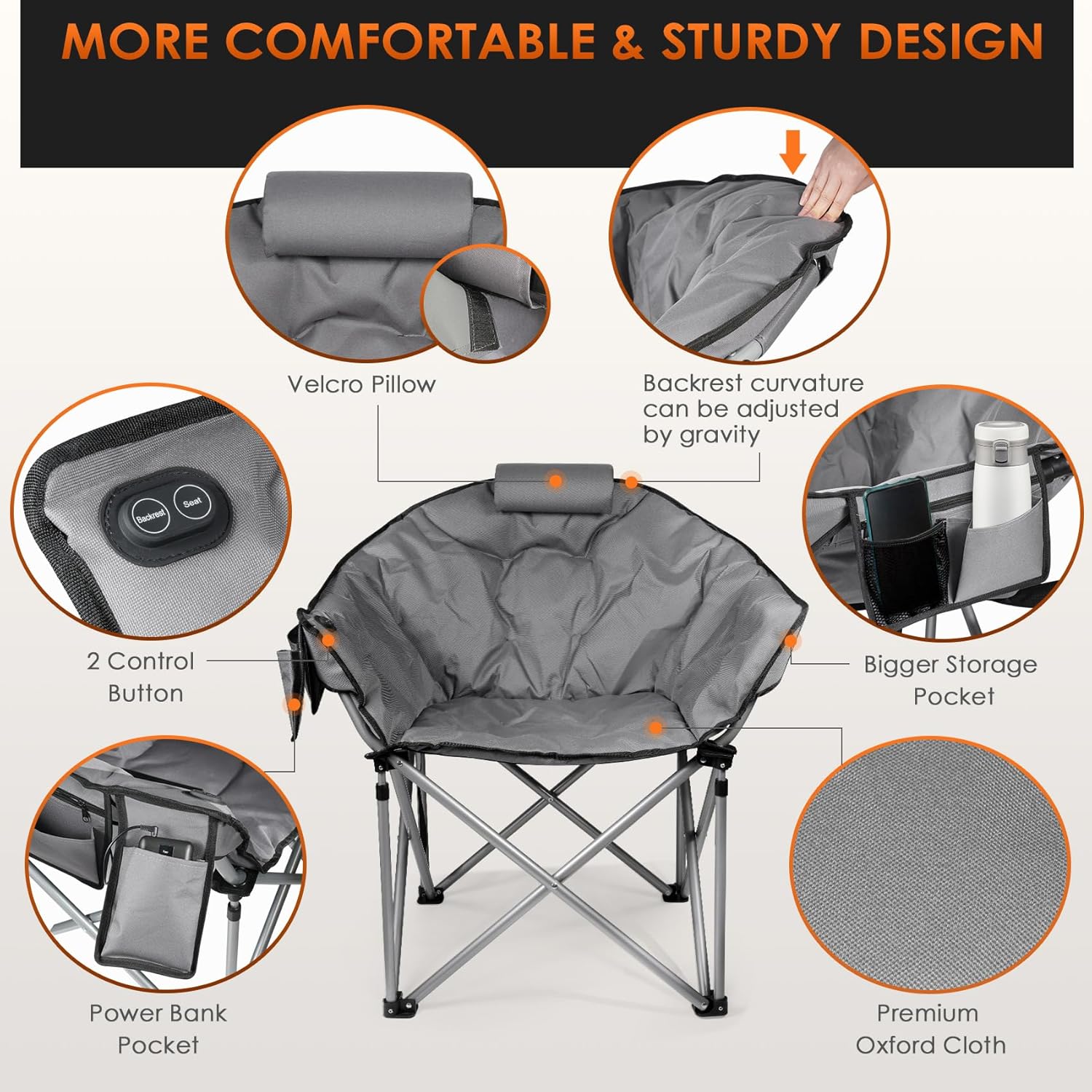 Chaise de camping chauffante, chaise de sport d'extérieur extra large avec 3 niveaux de chaleur sur le dossier et l'assise, chaise d'extérieur chauffante pliante portable (piles non incluses)